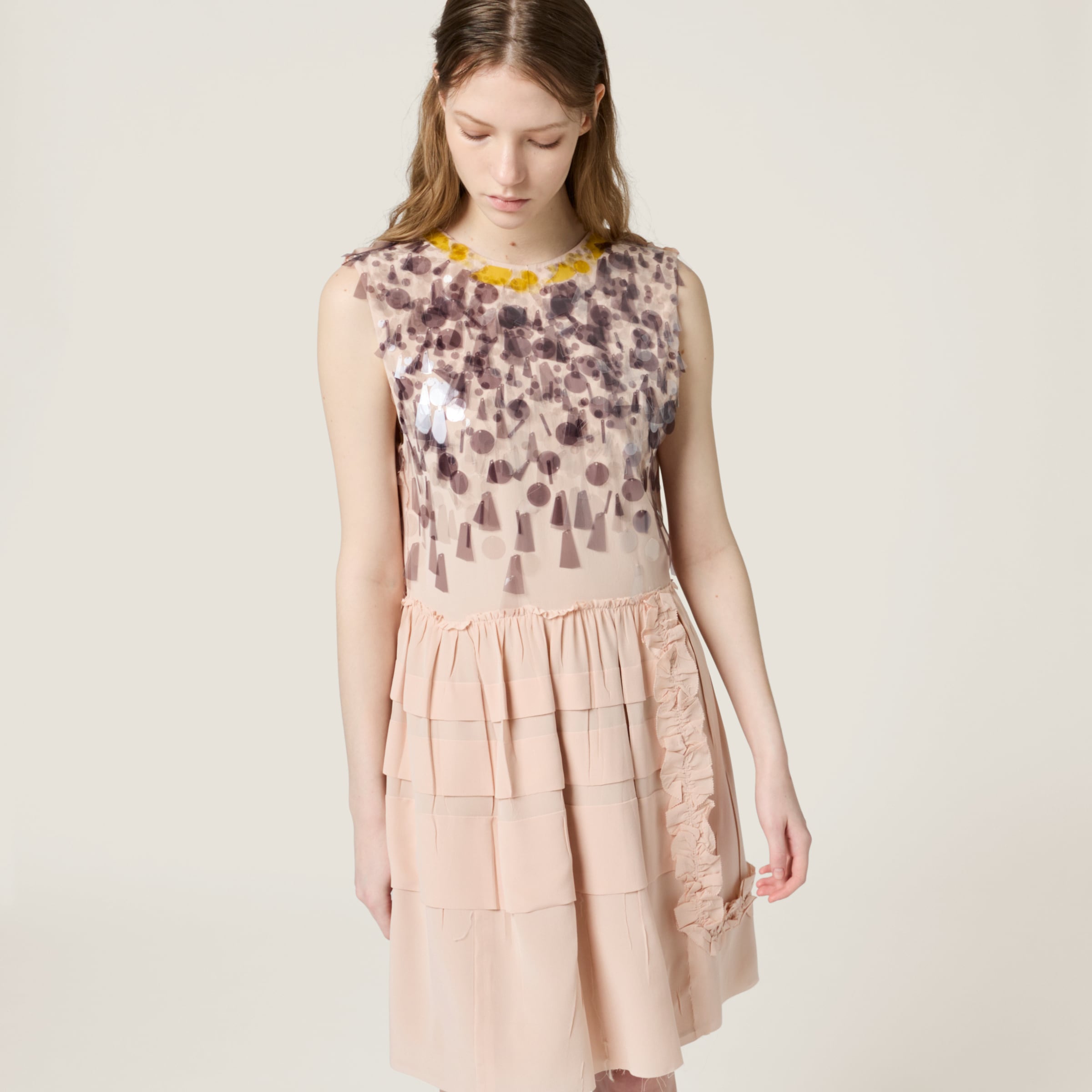 Miu Miu Embroidered Marocain Dress In Peach
