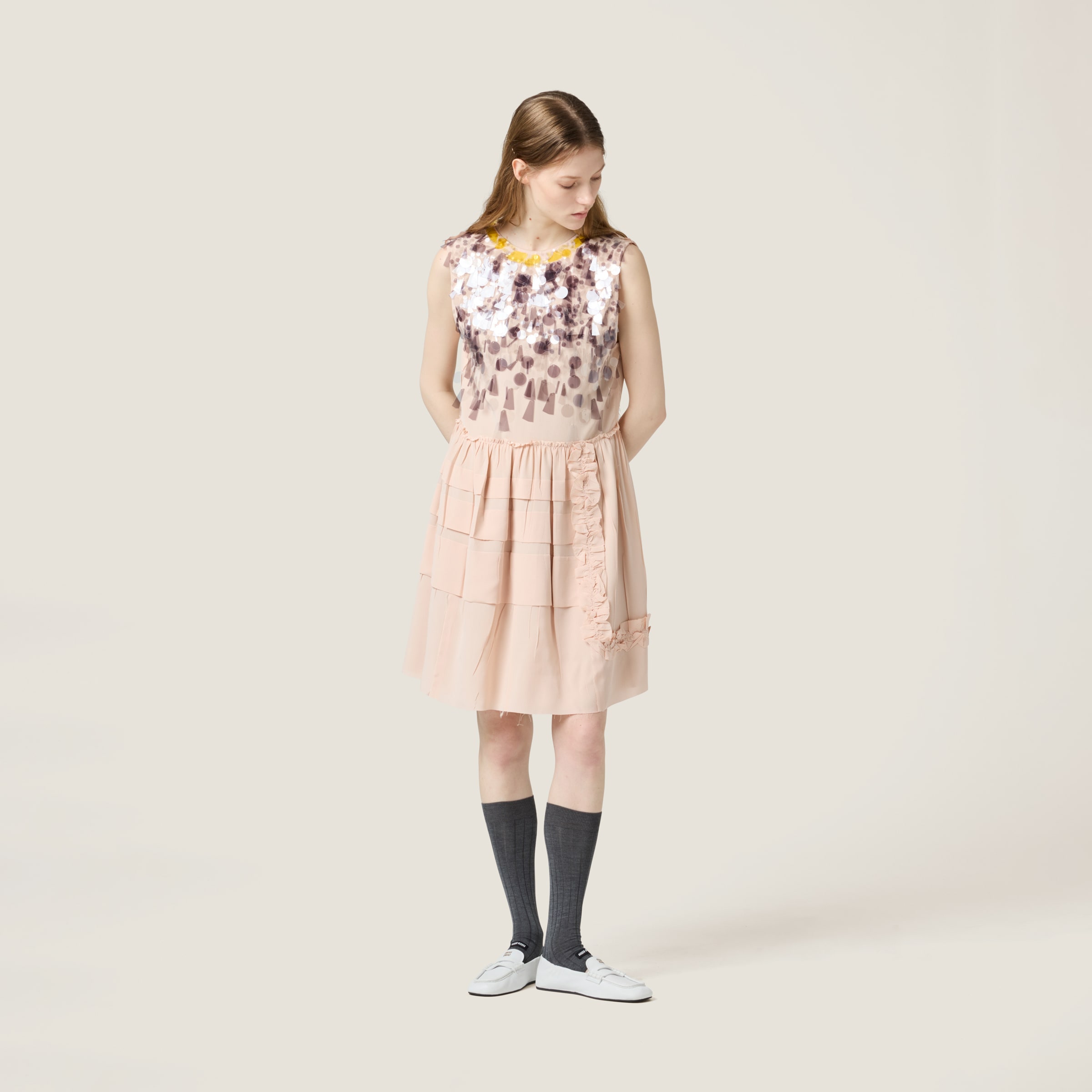 Miu Miu Embroidered Marocain Dress In Peach
