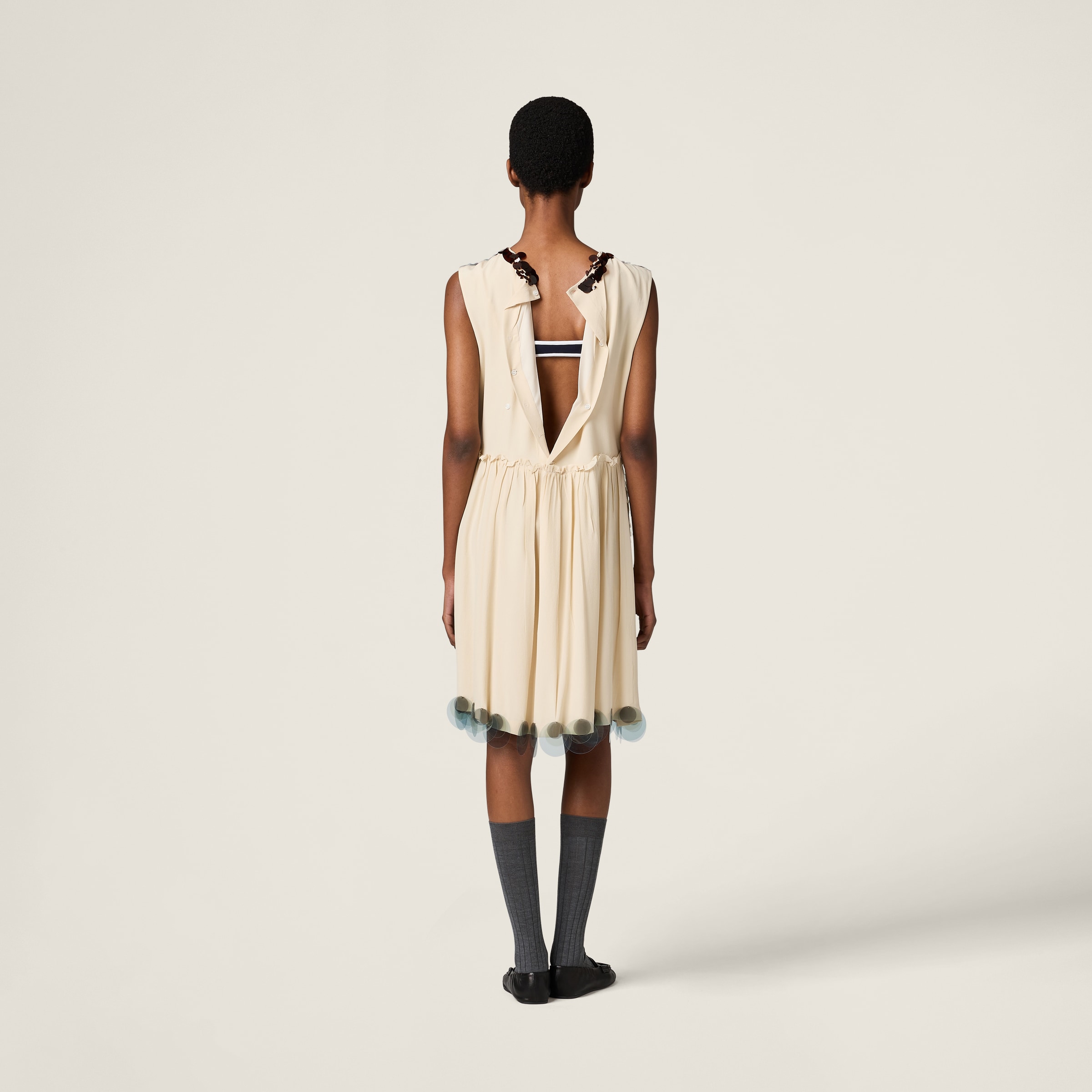 Miu Miu Embroidered Marocain Dress In Natural