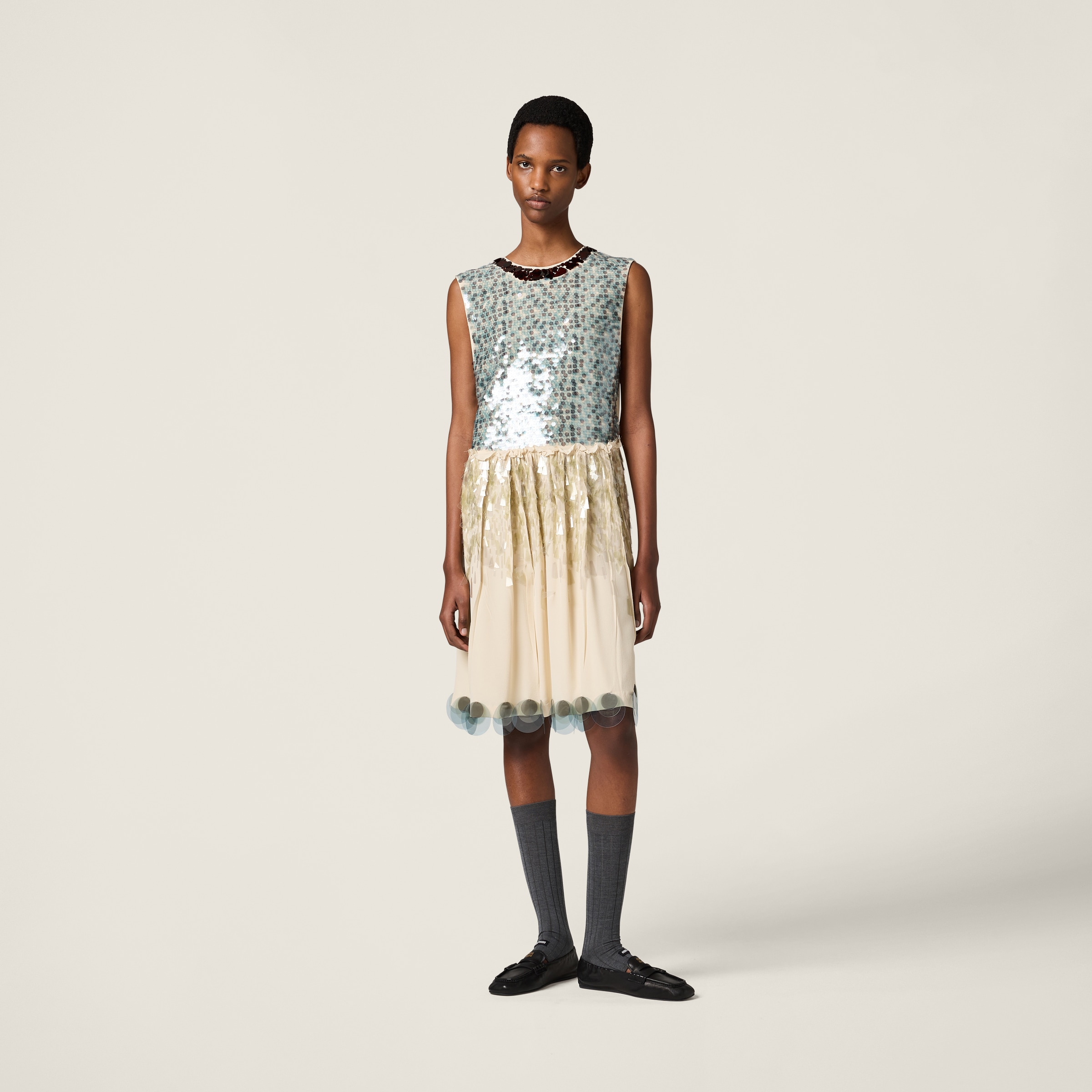 Miu Miu Embroidered Marocain Dress In Natural