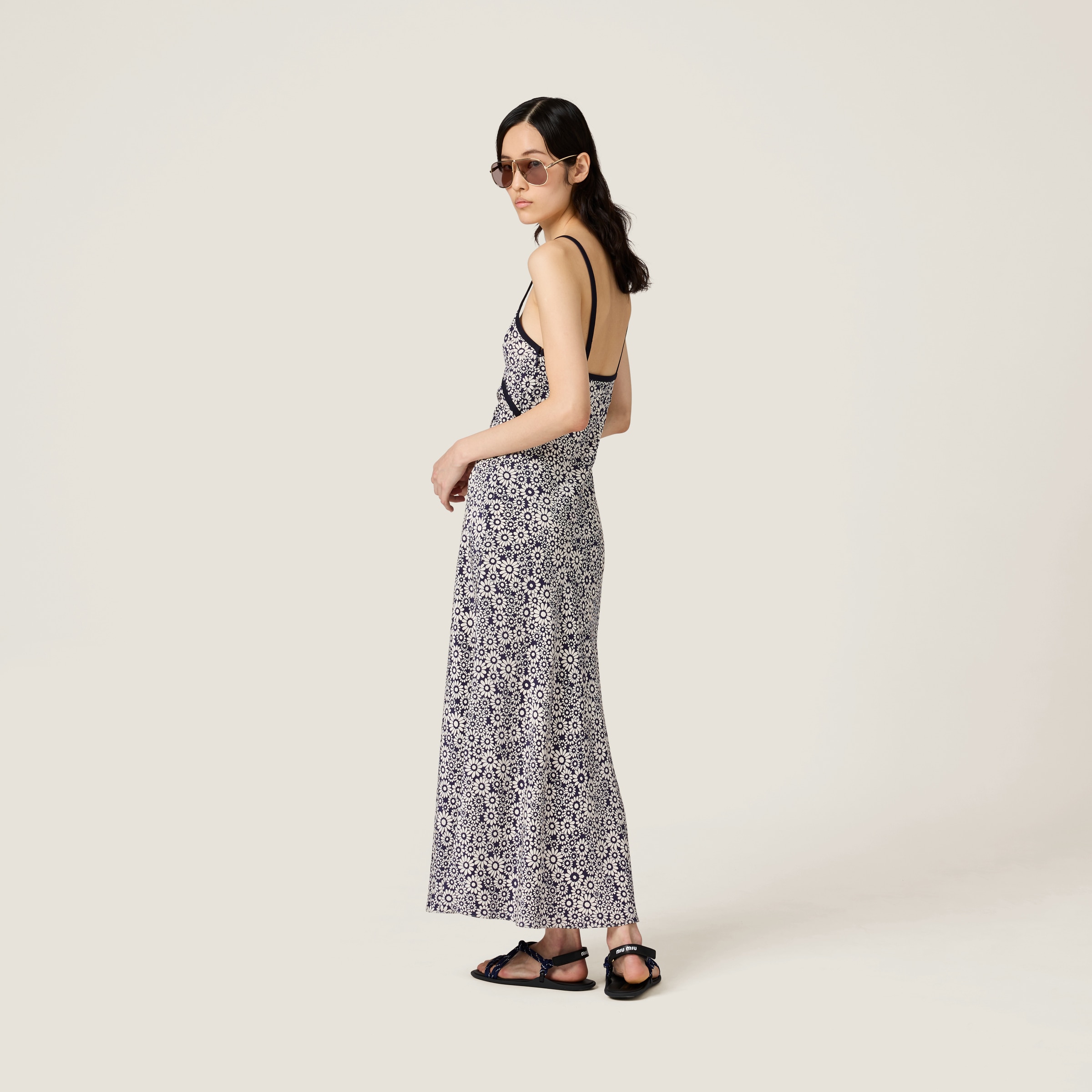 Miu Miu Floral Print Maxi Dress With Spaghetti Straps In Multi