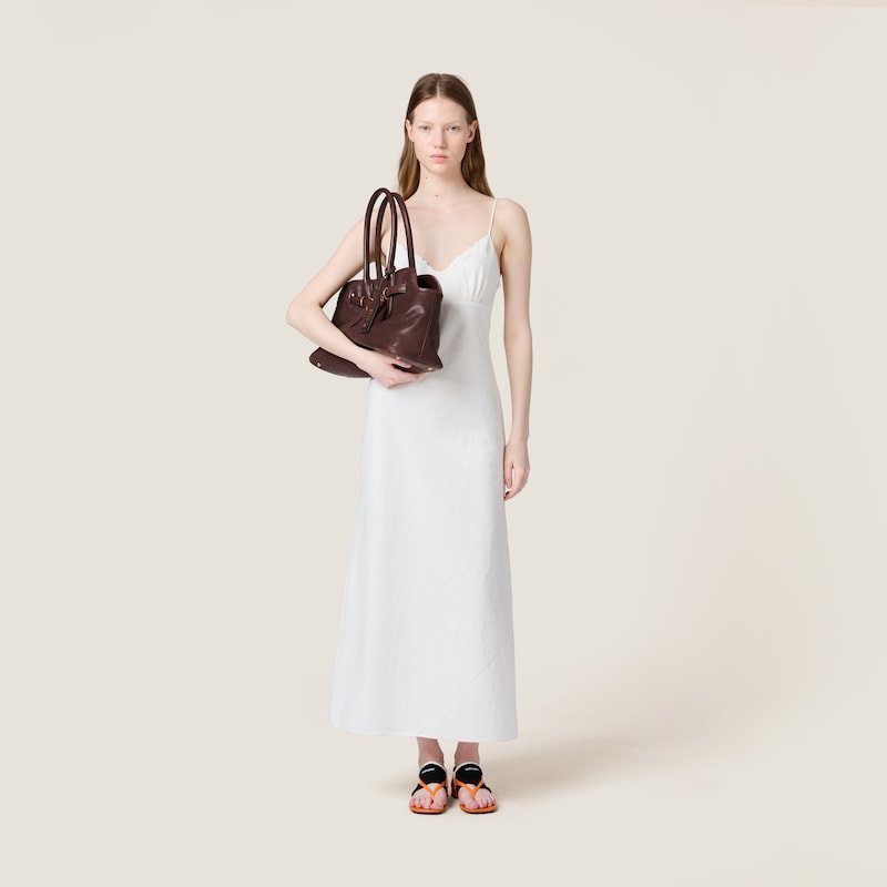 Embroidered slubbed canvas maxi-dress