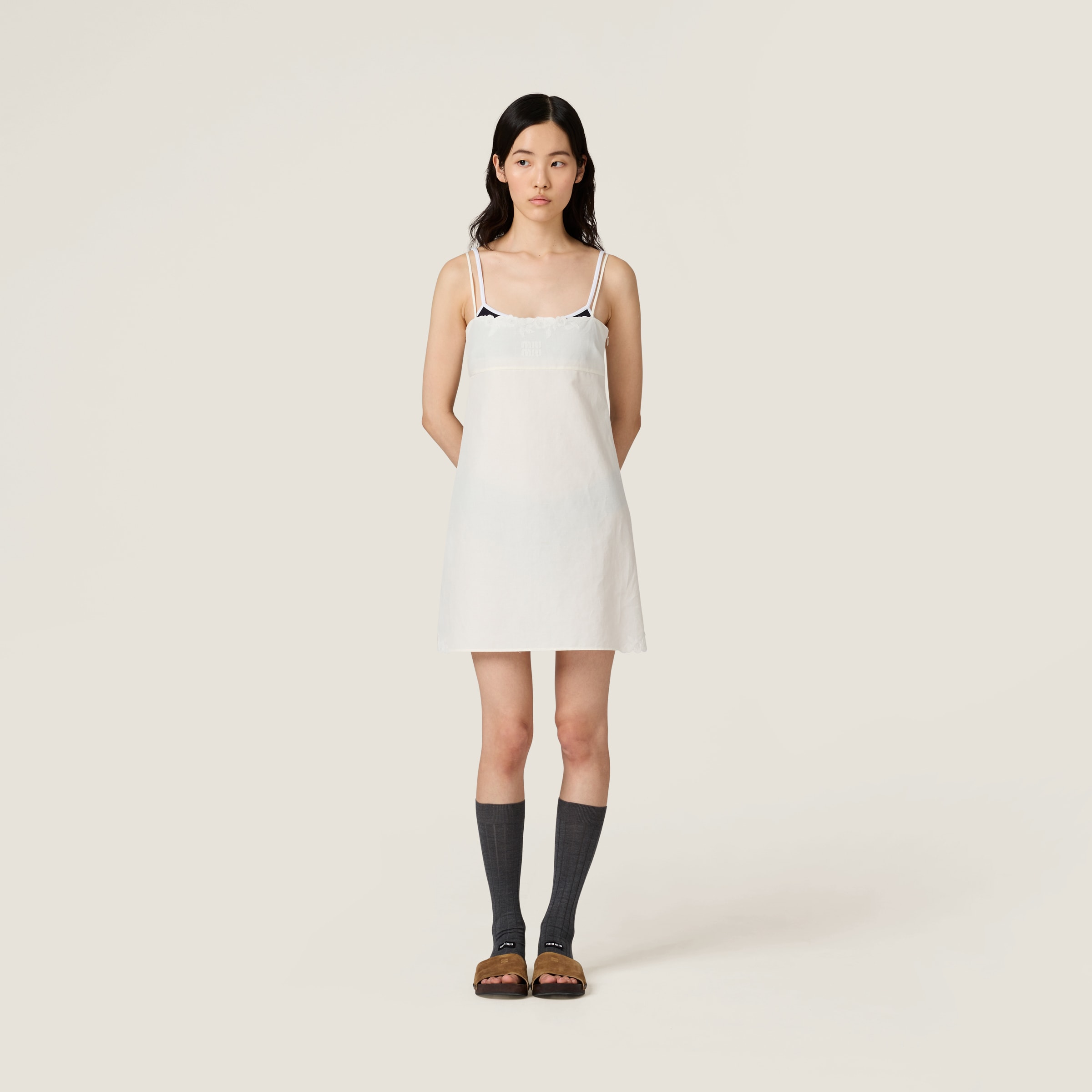 Miu Miu Embroidered Slubbed Canvas Mini-dress