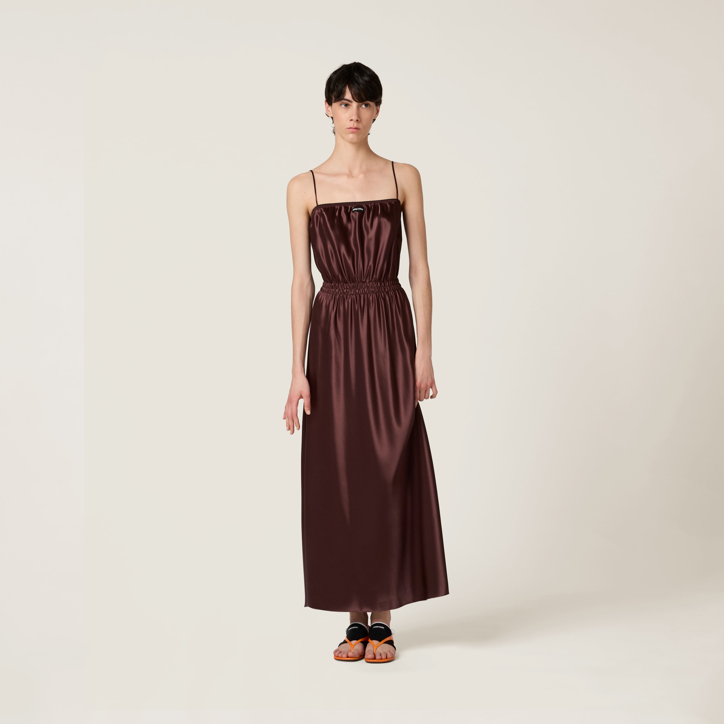 Cocoa Brown Long Satin Dress | Miu Miu - United States Cocoa Brown Long Satin Dress | Miu Miu - United States