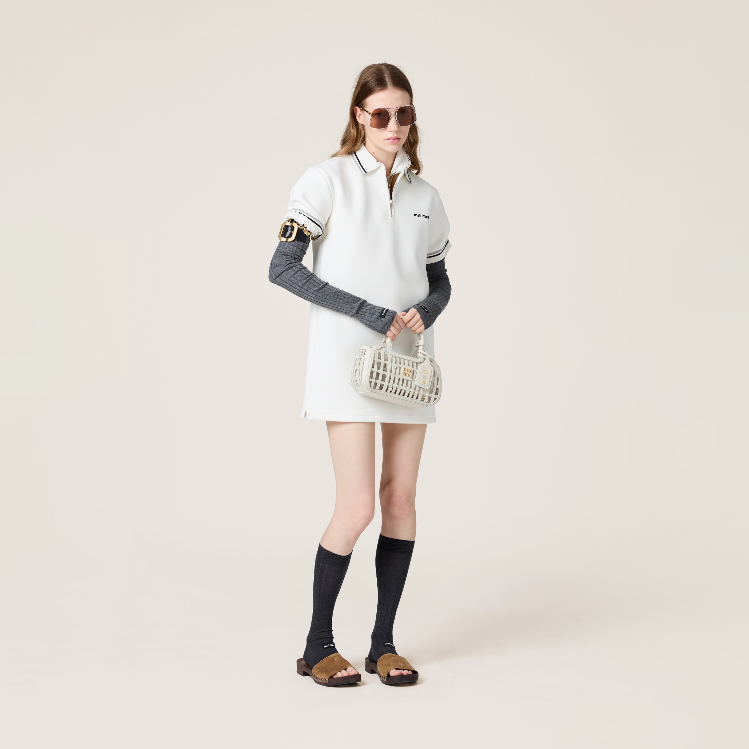 【MiuMiu】ボンデッドピケ テクニカルジャージー ドレス 新作】MIUMIU ボンデッドピケとテクニカルジャージーのドレス