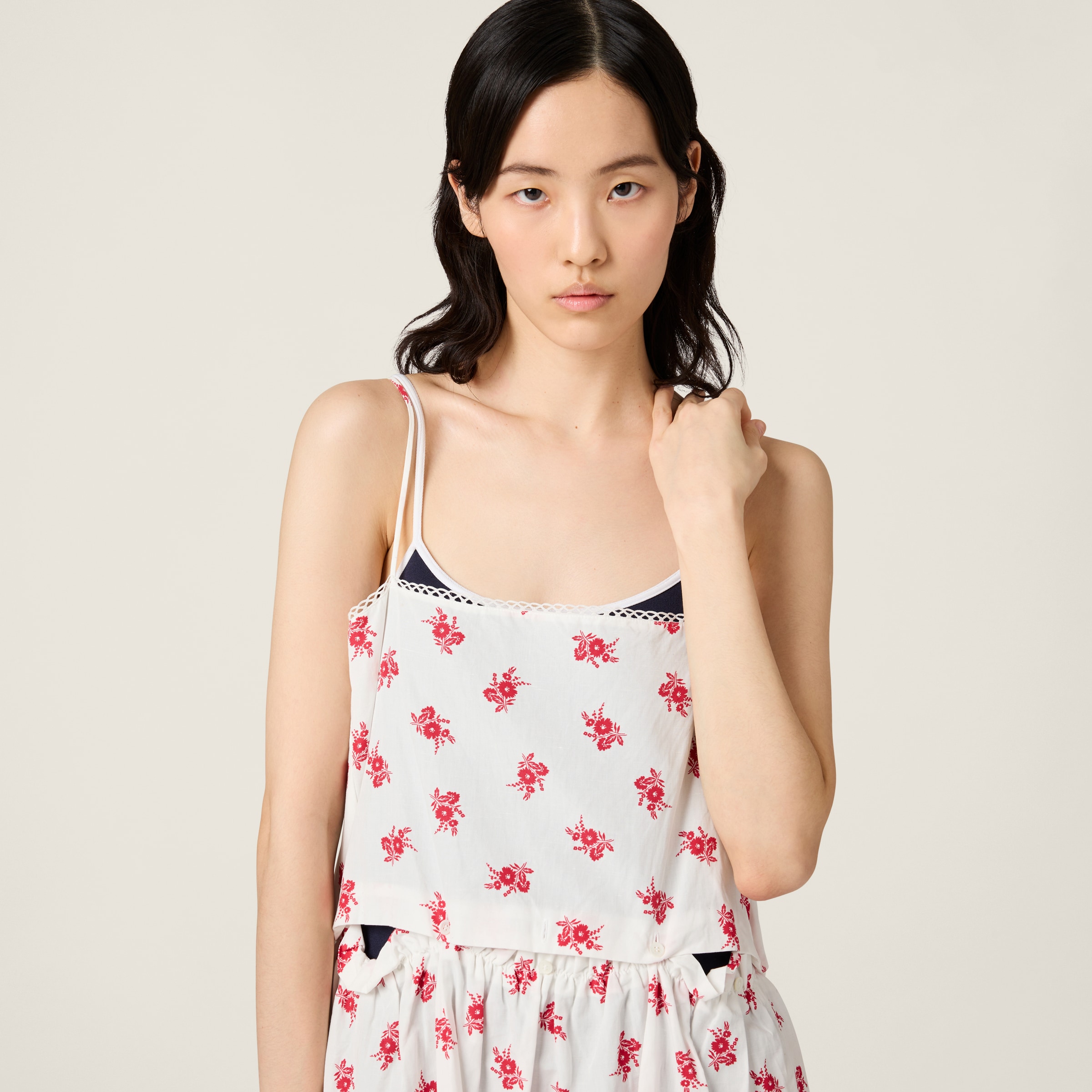 miu miu レッドホワイト スラブポプリン ミニドレス レッド/ホワイト スラブ ポプリン ミニドレス | Miu Miu