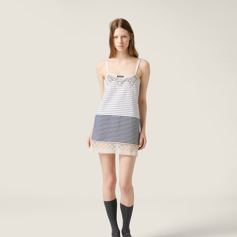 Lace-trimmed striped jersey minidress