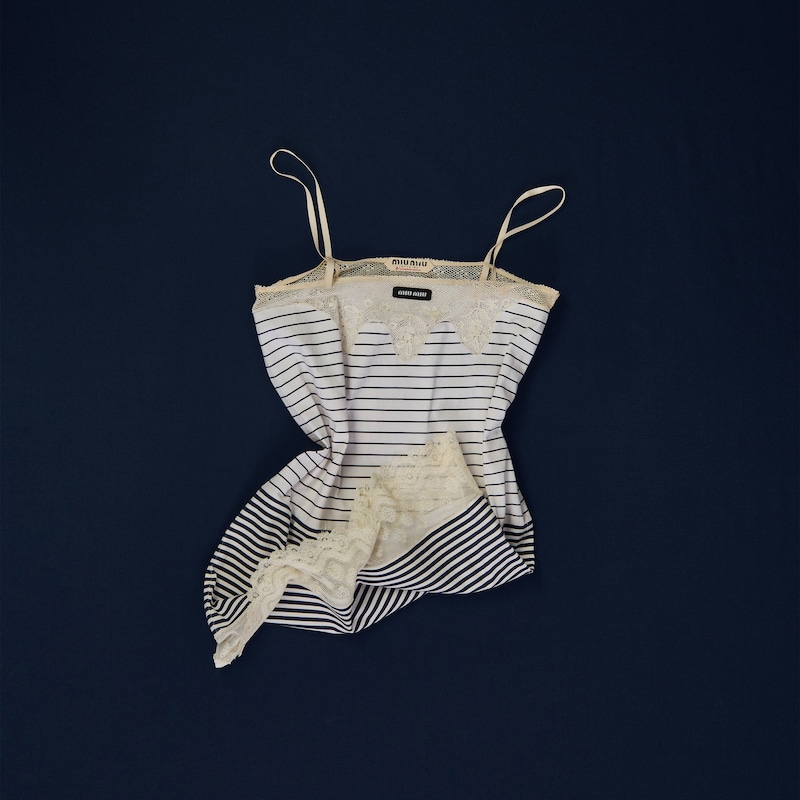 Lace-trimmed striped jersey minidress