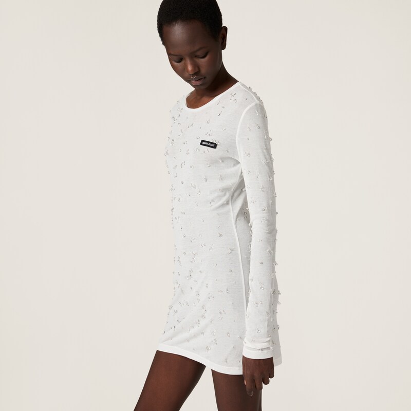 Abito corto in jersey costina con ricami