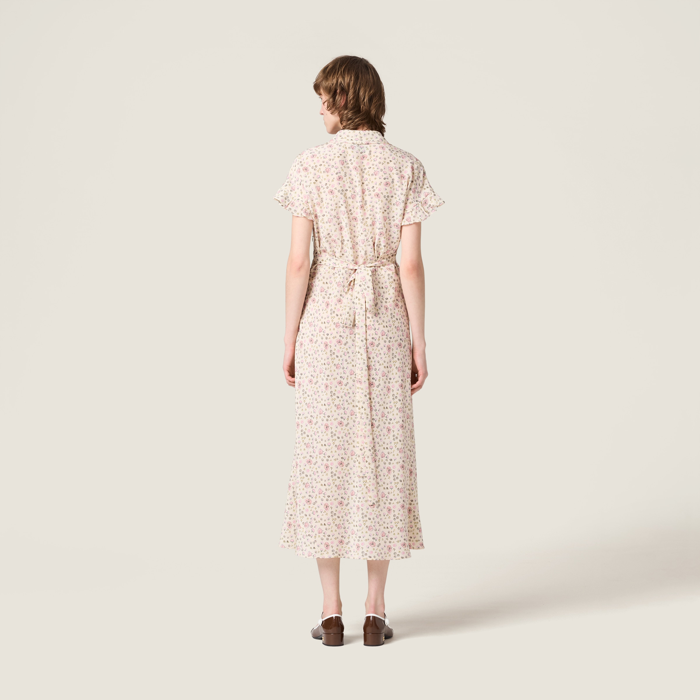 Miu Miu Silk Dress With Floral Pattern And Tie Waist In Multi