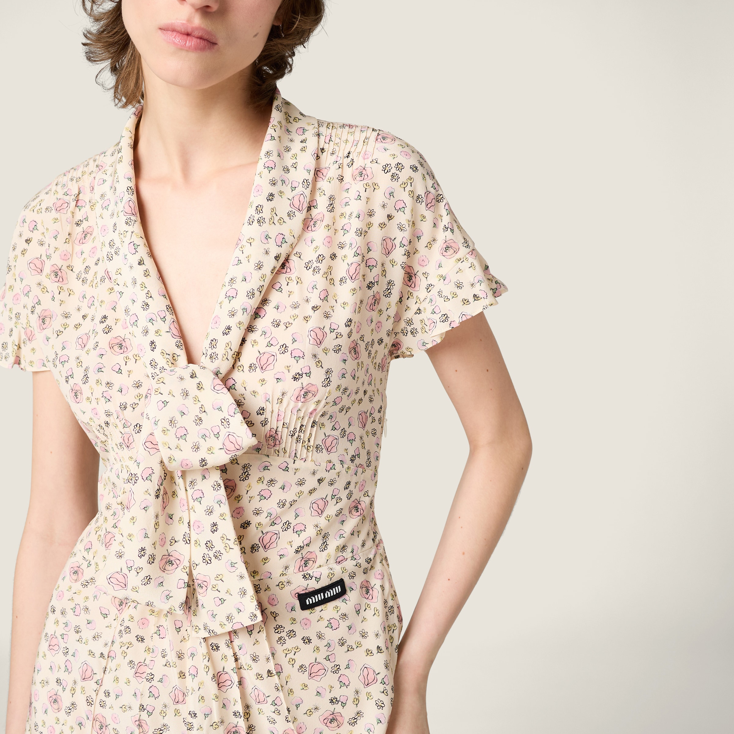 Miu Miu Silk Dress With Floral Pattern And Tie Waist In Multi