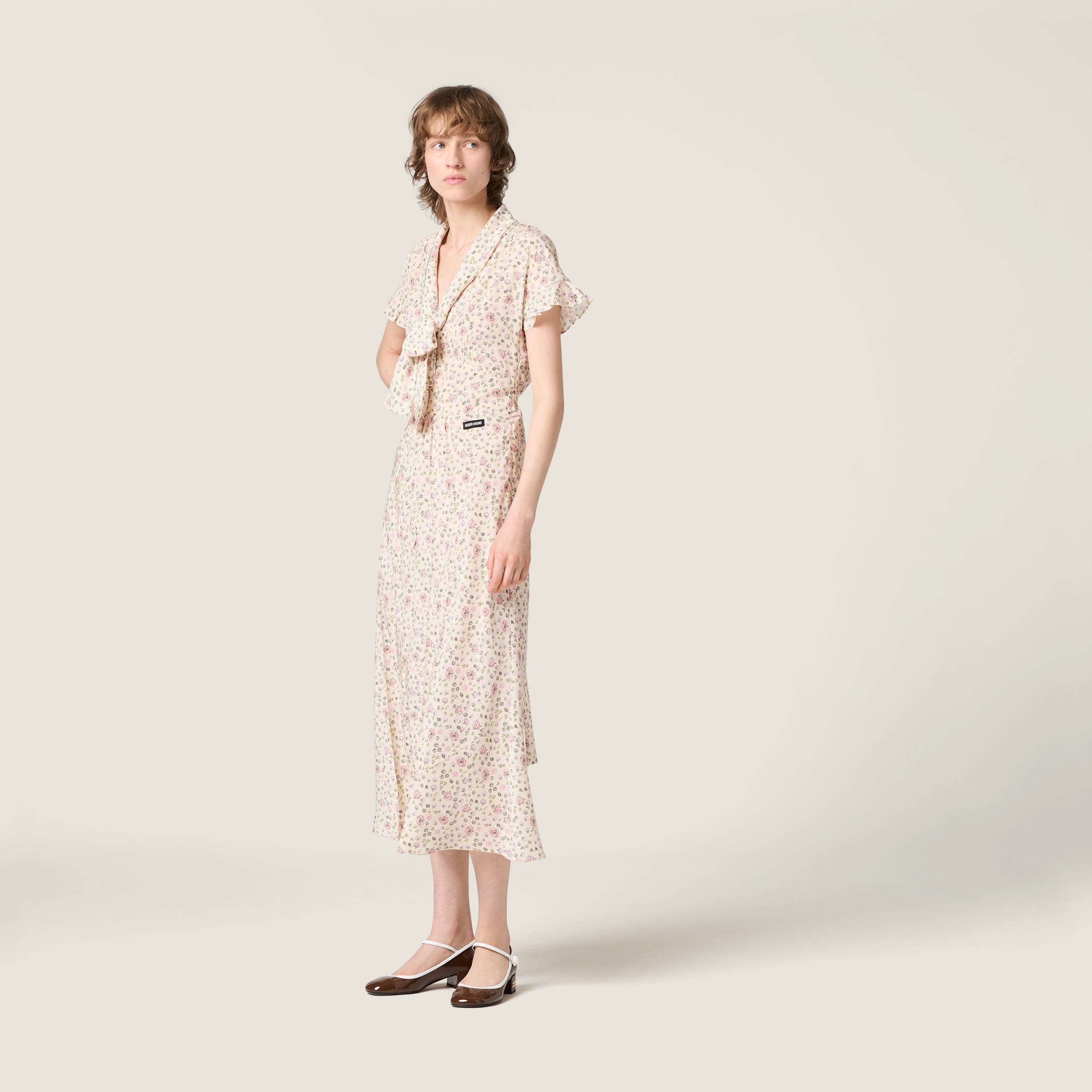 Miu Miu Silk Dress With Floral Pattern And Tie Waist In Multi