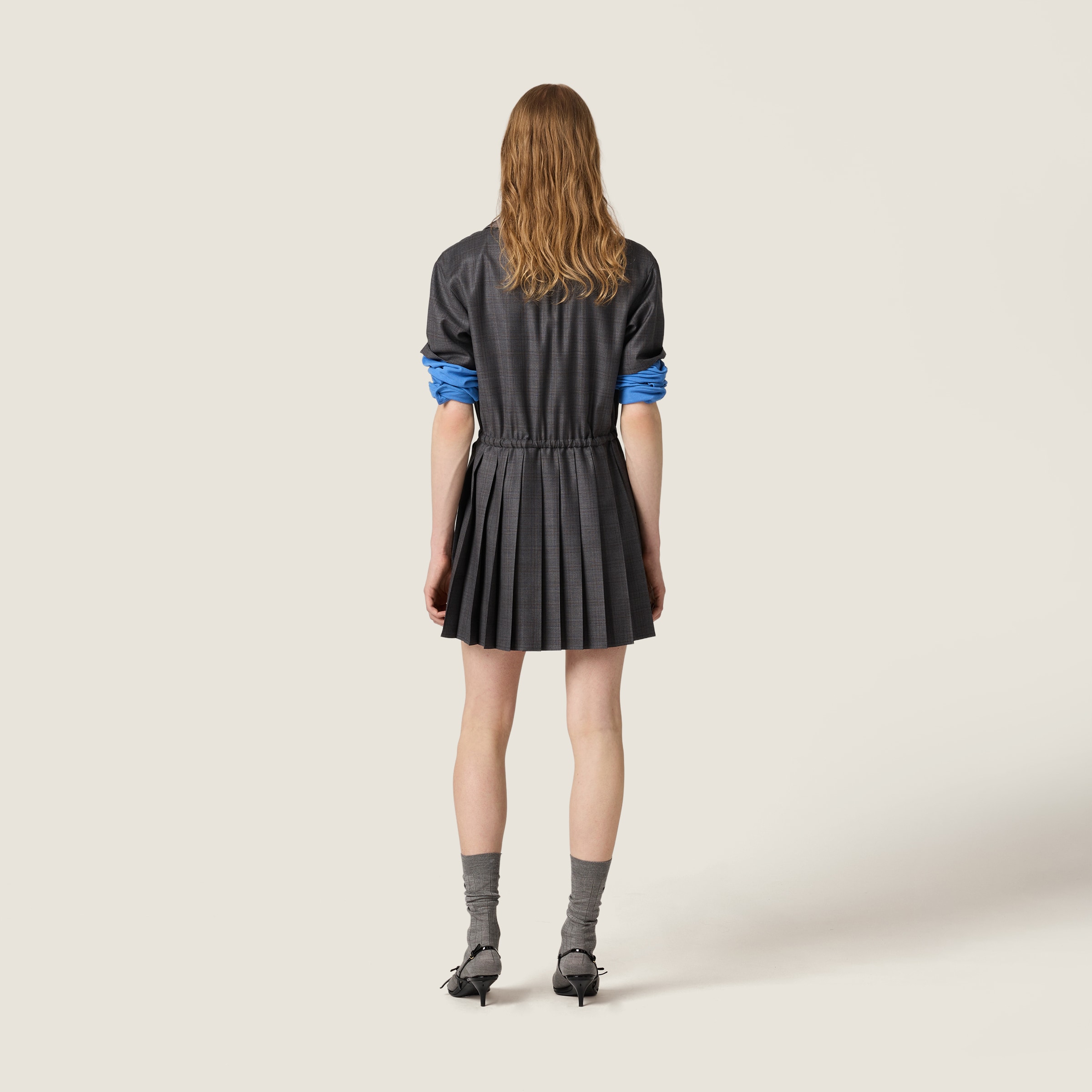 Miu Miu Prince Of Wales Pleated Short Dress In Gray