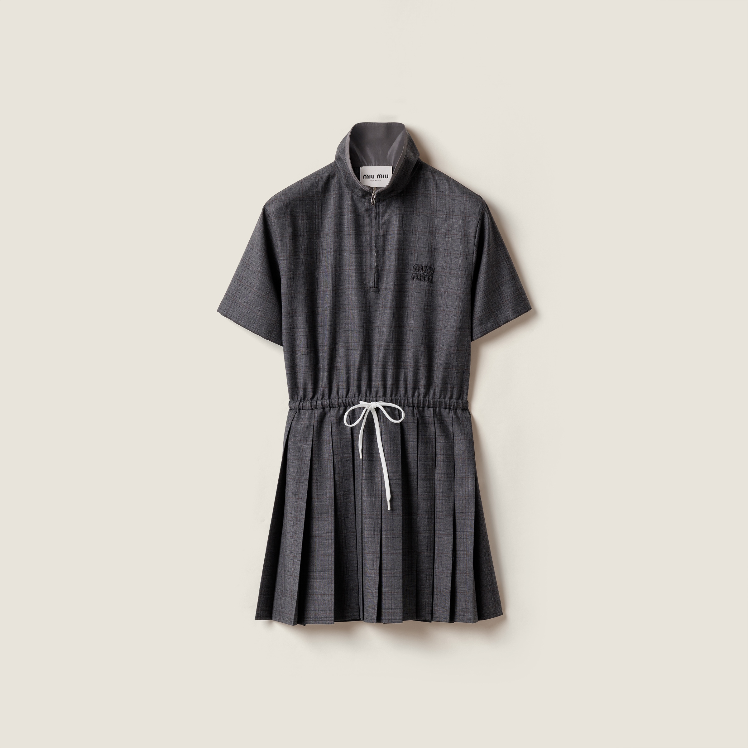 Miu Miu Prince Of Wales Pleated Short Dress In Gray