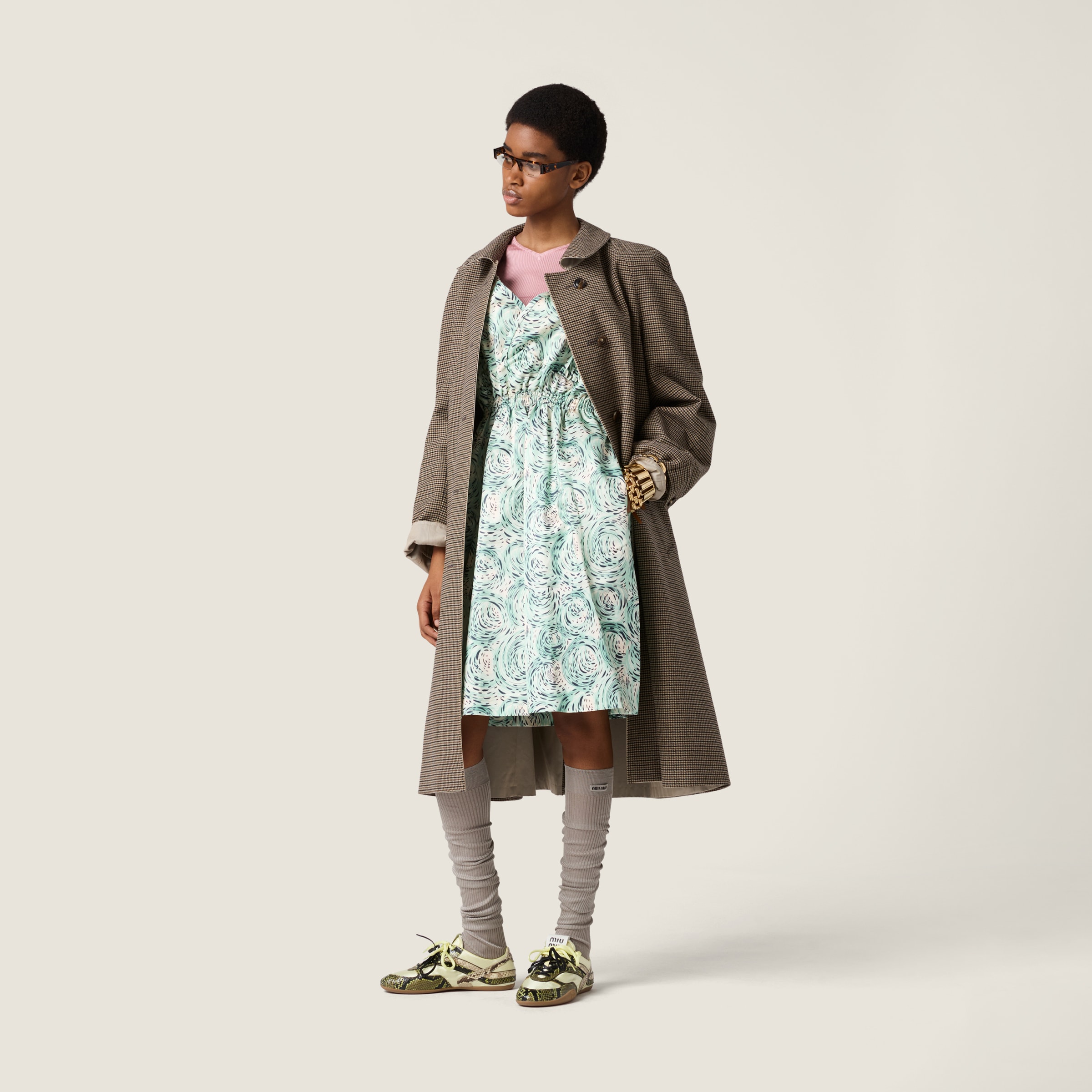 アイボリー/ジェイドグリーングリーン サテン ドレス | Miu Miu