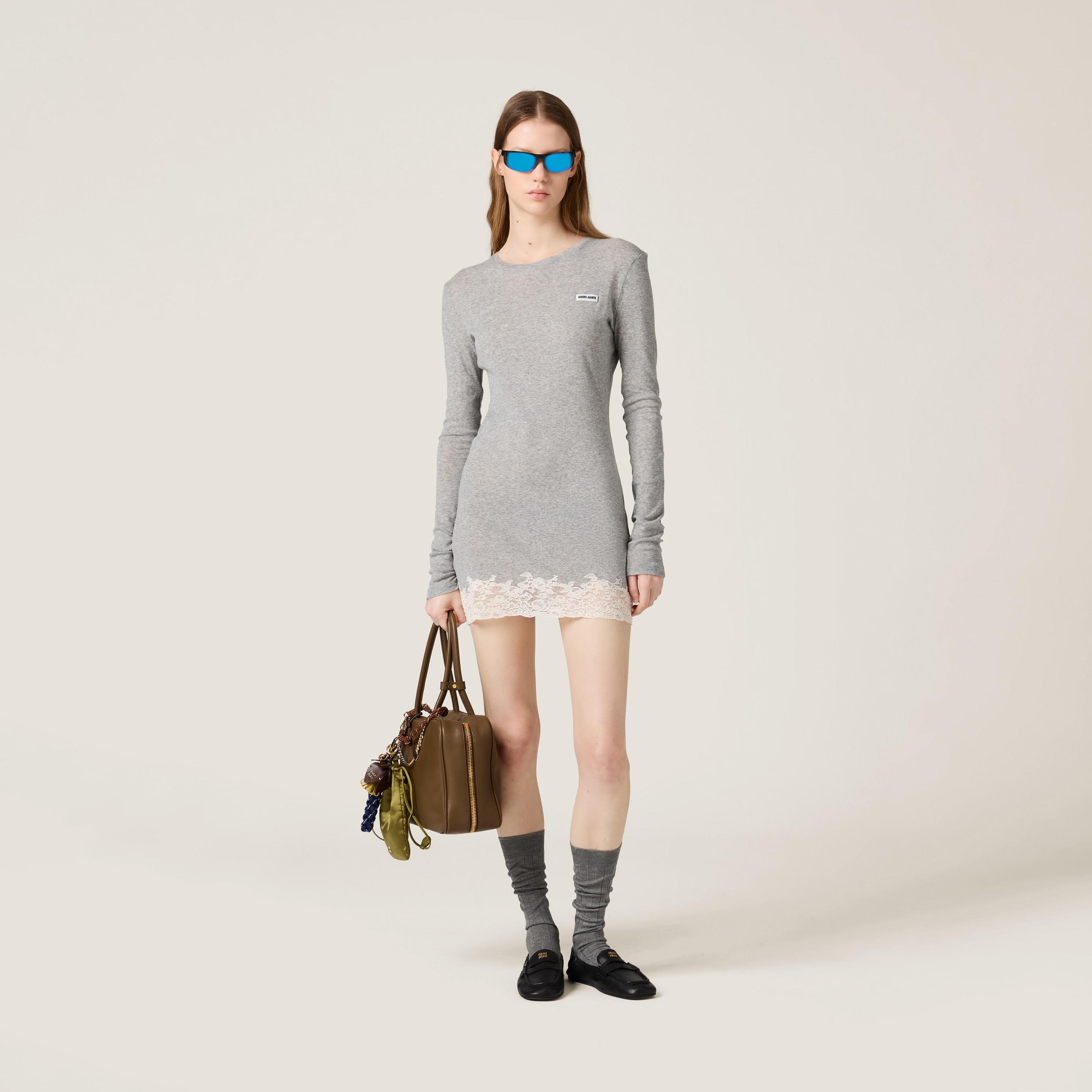 Miu Miu Ribbed Jersey And Lace Dress
