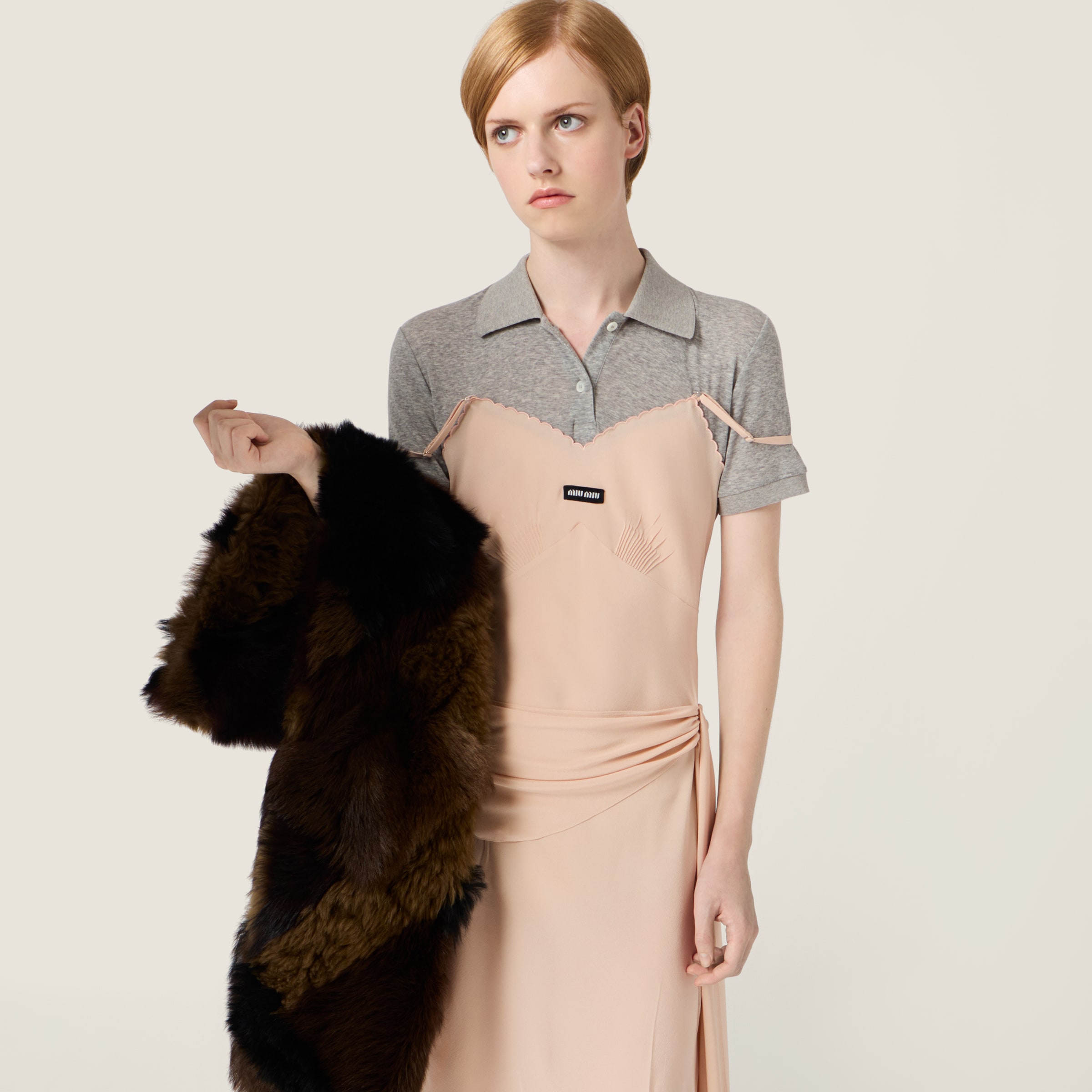 Peach/gray Marocain Crepe Dress | Miu Miu - United States