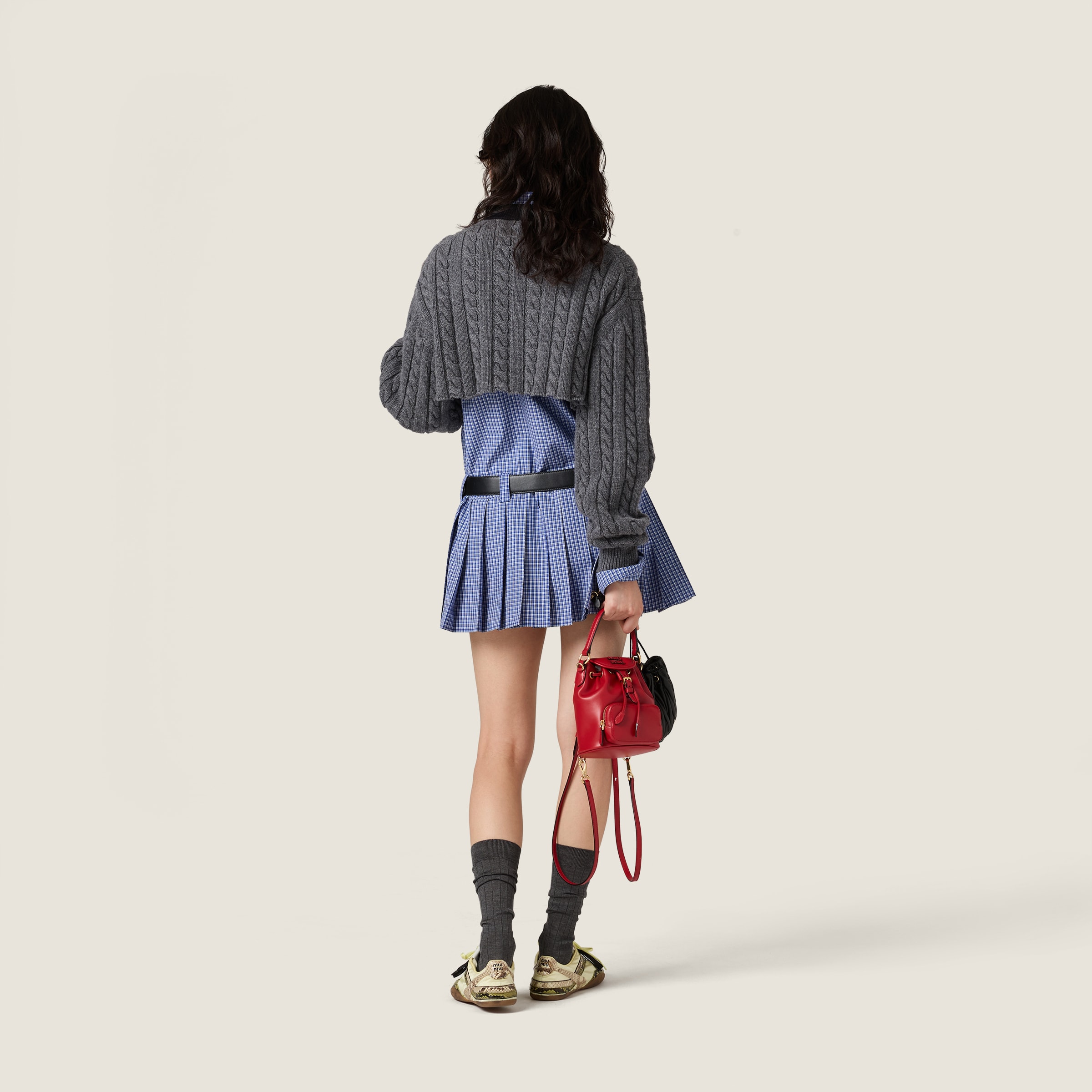 Miu Miu Pleated Checked Mini-dress In Blue