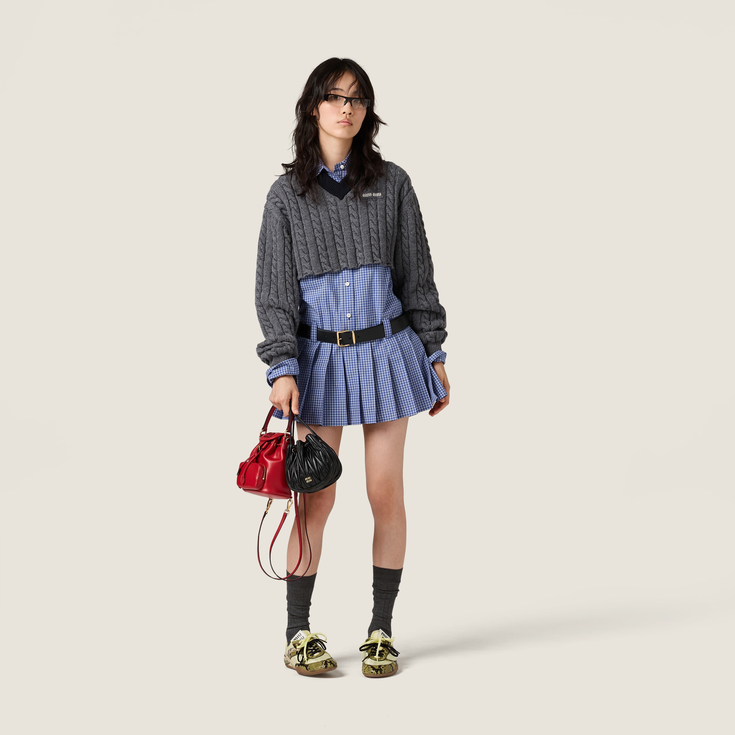 Miu Miu Pleated Checked Mini-dress In Blue