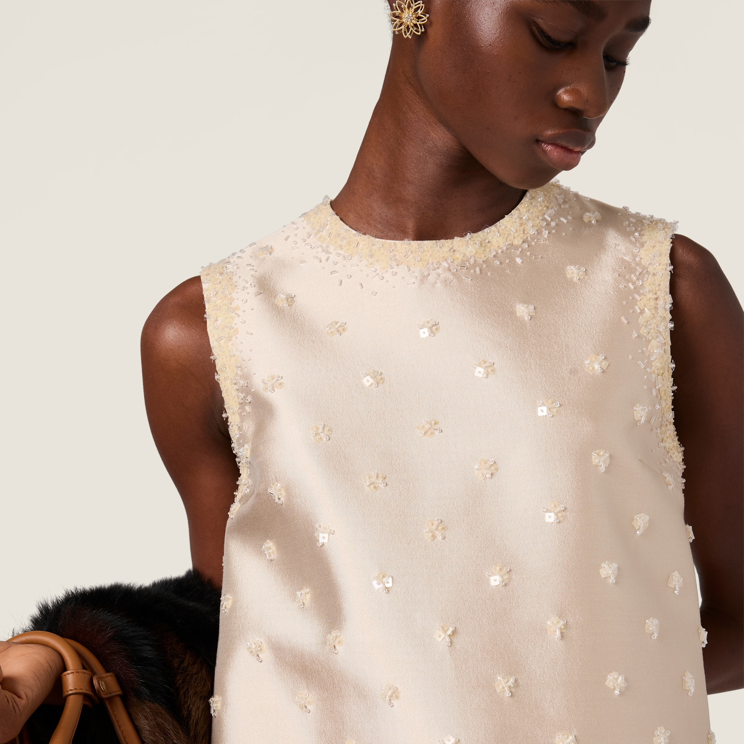 Miu Miu Embroidered Silk And Wool Mini-dress In Brown