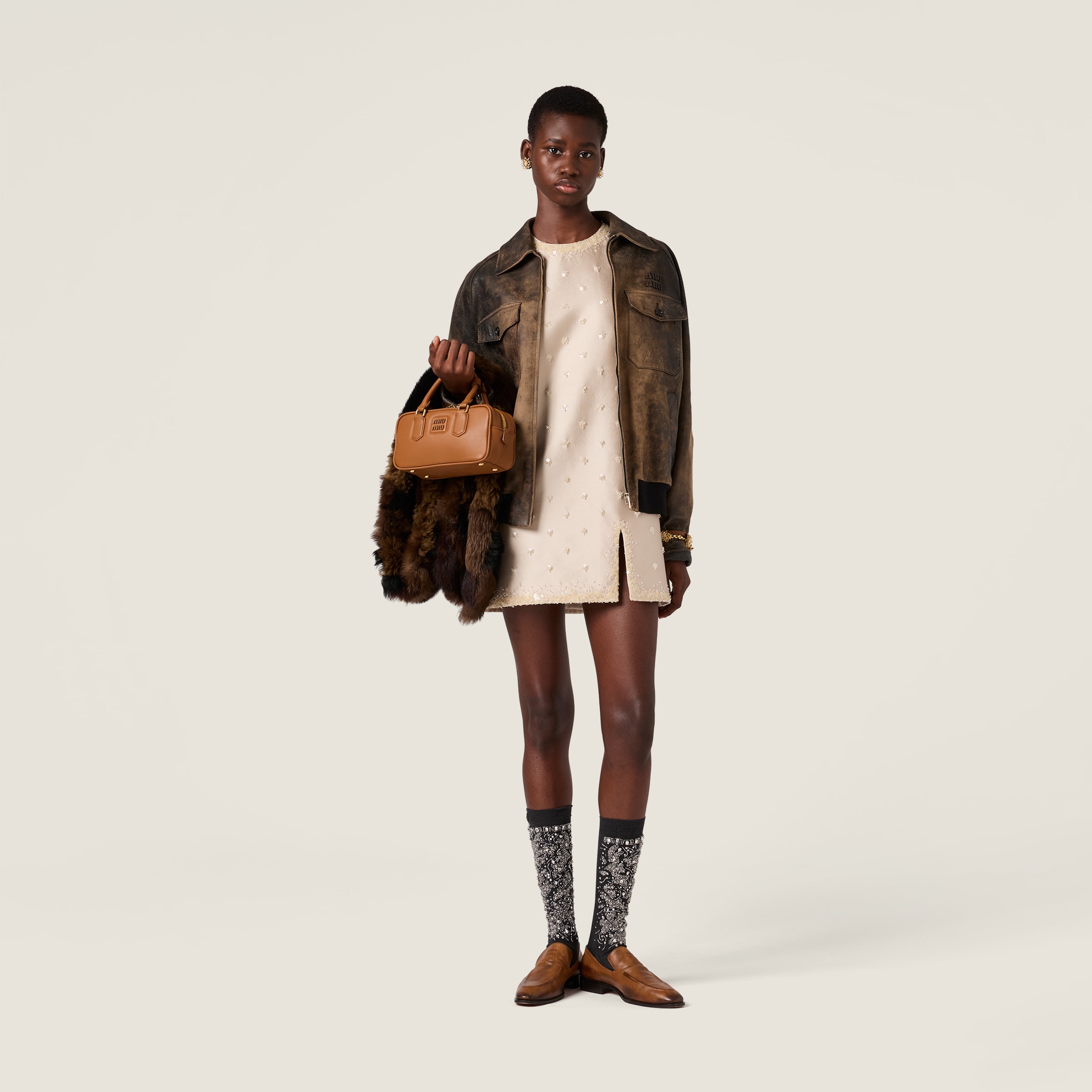 Miu Miu Embroidered Silk And Wool Mini-dress In Brown