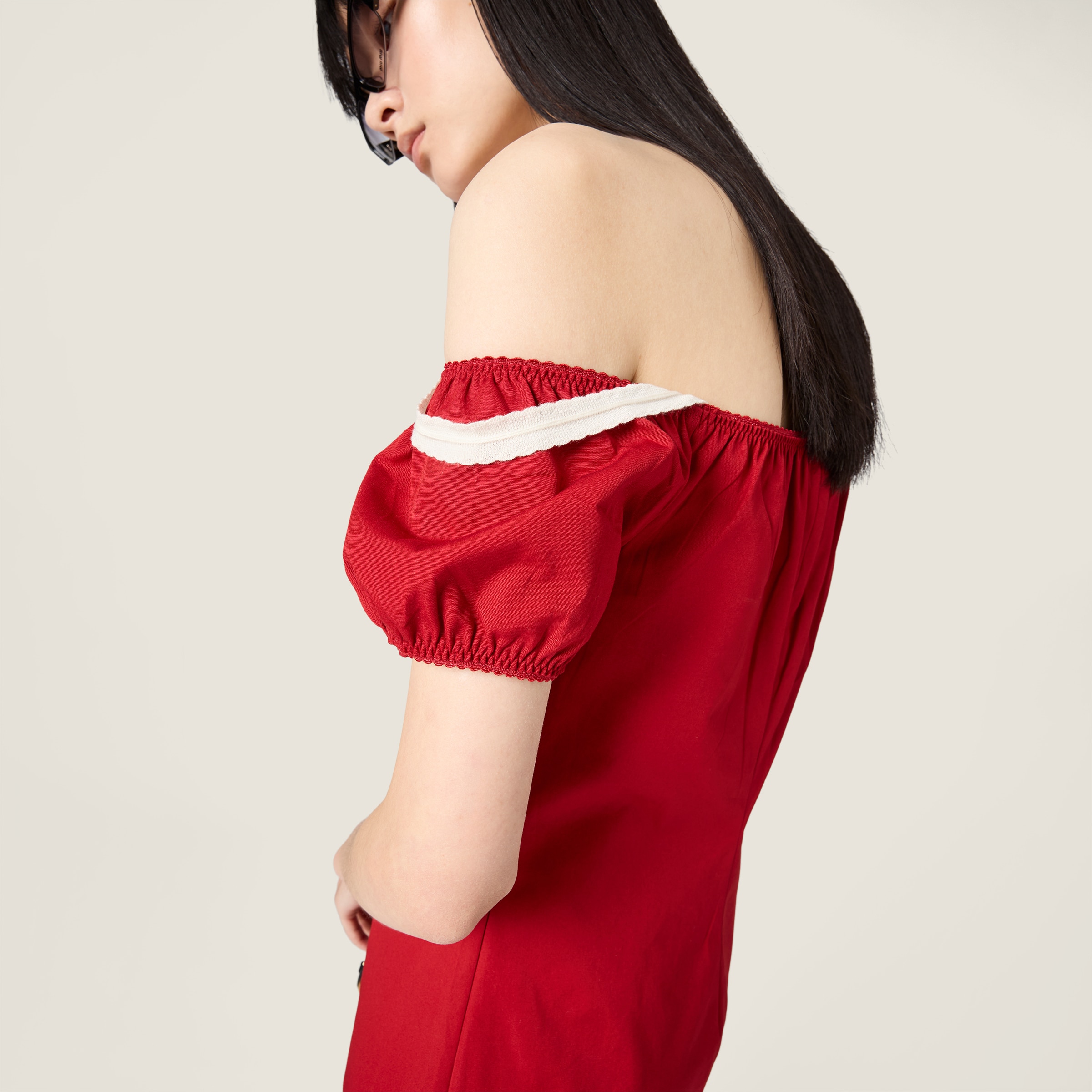 open lace back dress Miu Miu Red Scallop Dress with Bow Detail