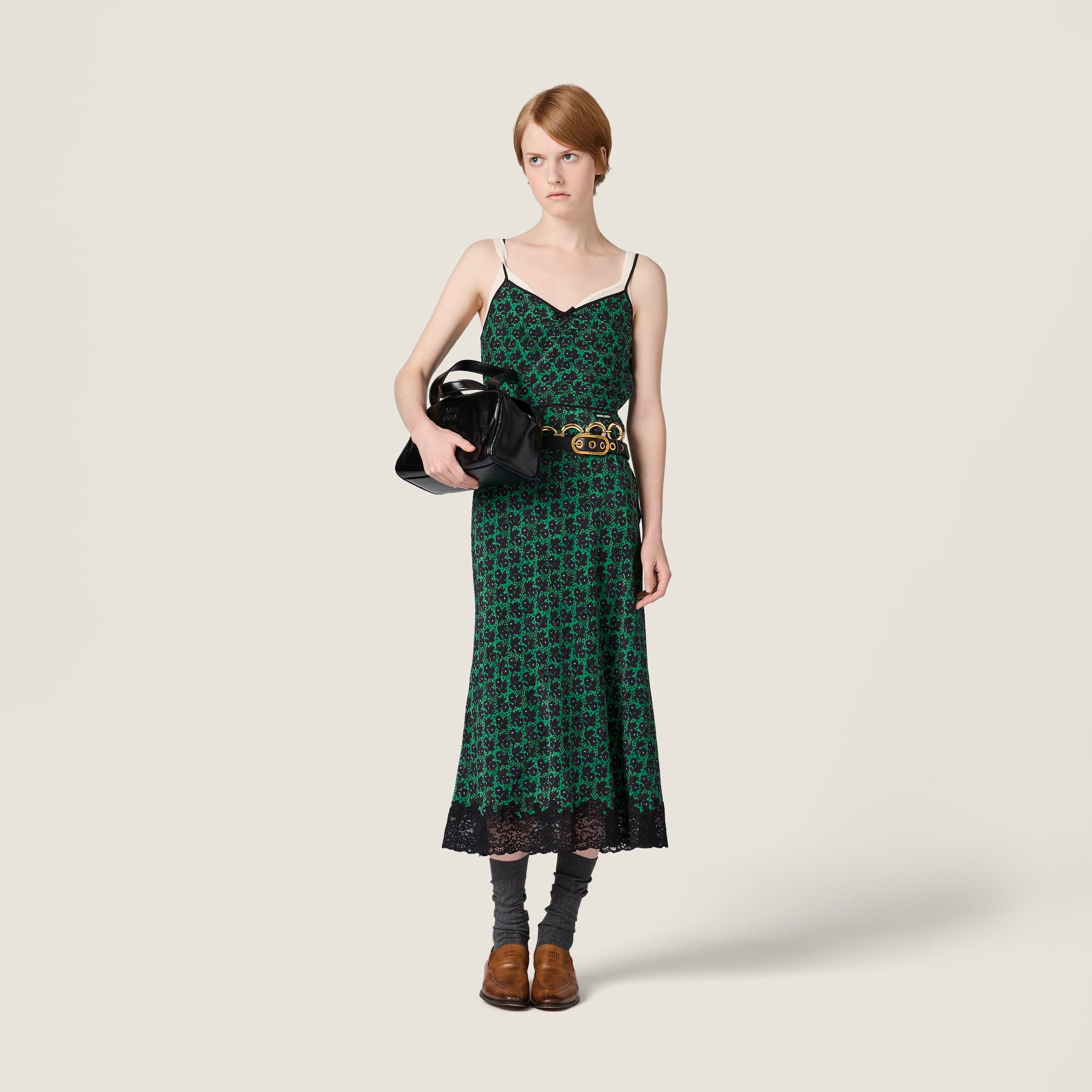 Green/black Crpe De Chine Dress | Miu Miu - United States Green/black Crpe De Chine Dress | Miu Miu - United States