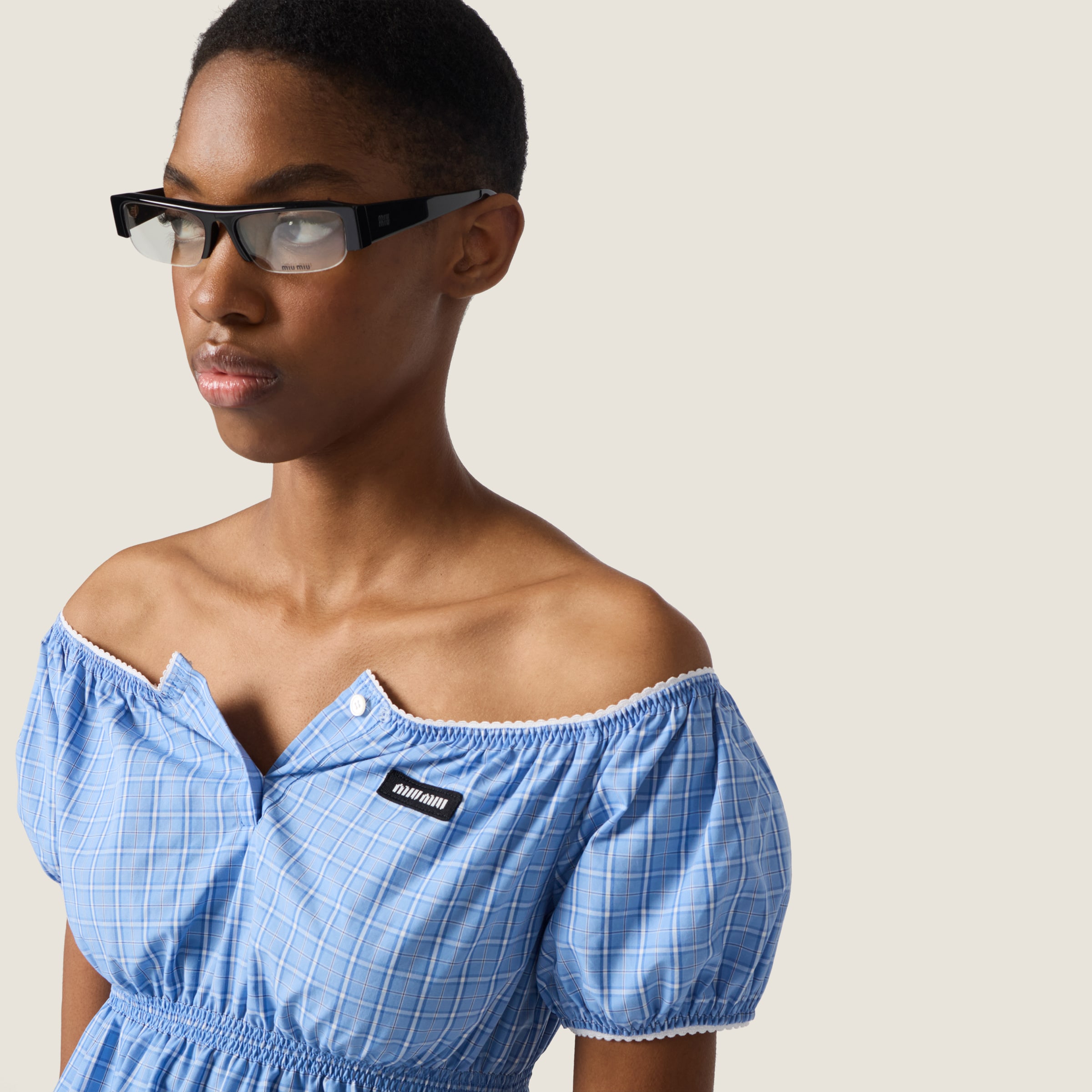 Light Blue Checked Poplin Mini-dress | Miu Miu - United States
