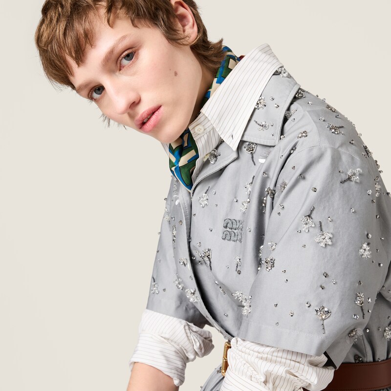 Embroidered cotton satin midi shirt-dress