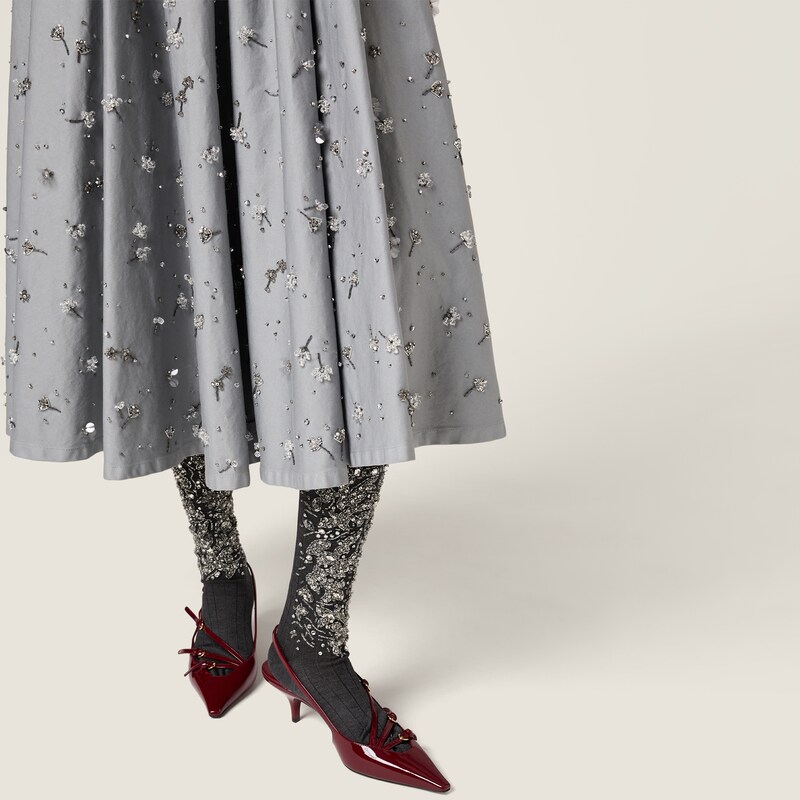 Embroidered cotton satin midi shirt-dress