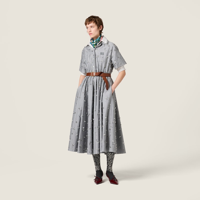 Embroidered cotton satin midi shirt-dress