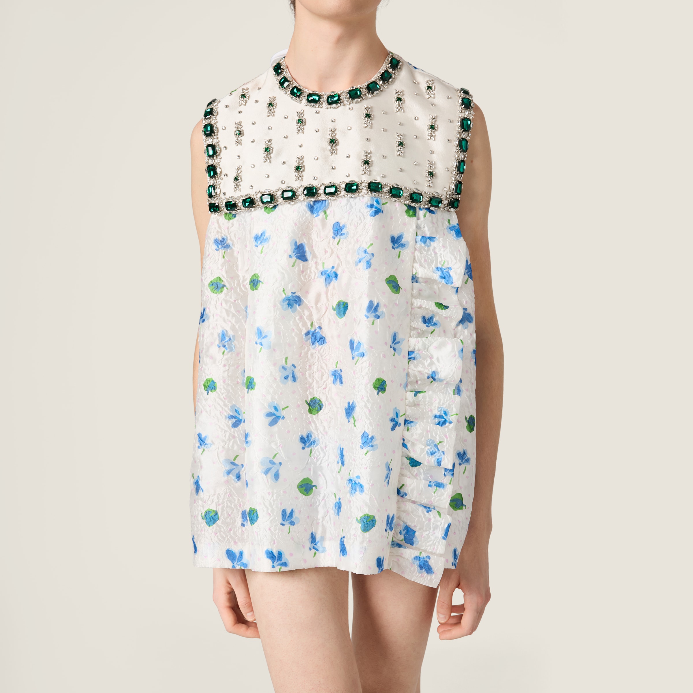 White/light Blue Cloqué Mini-dress With Crystals | Miu Miu
