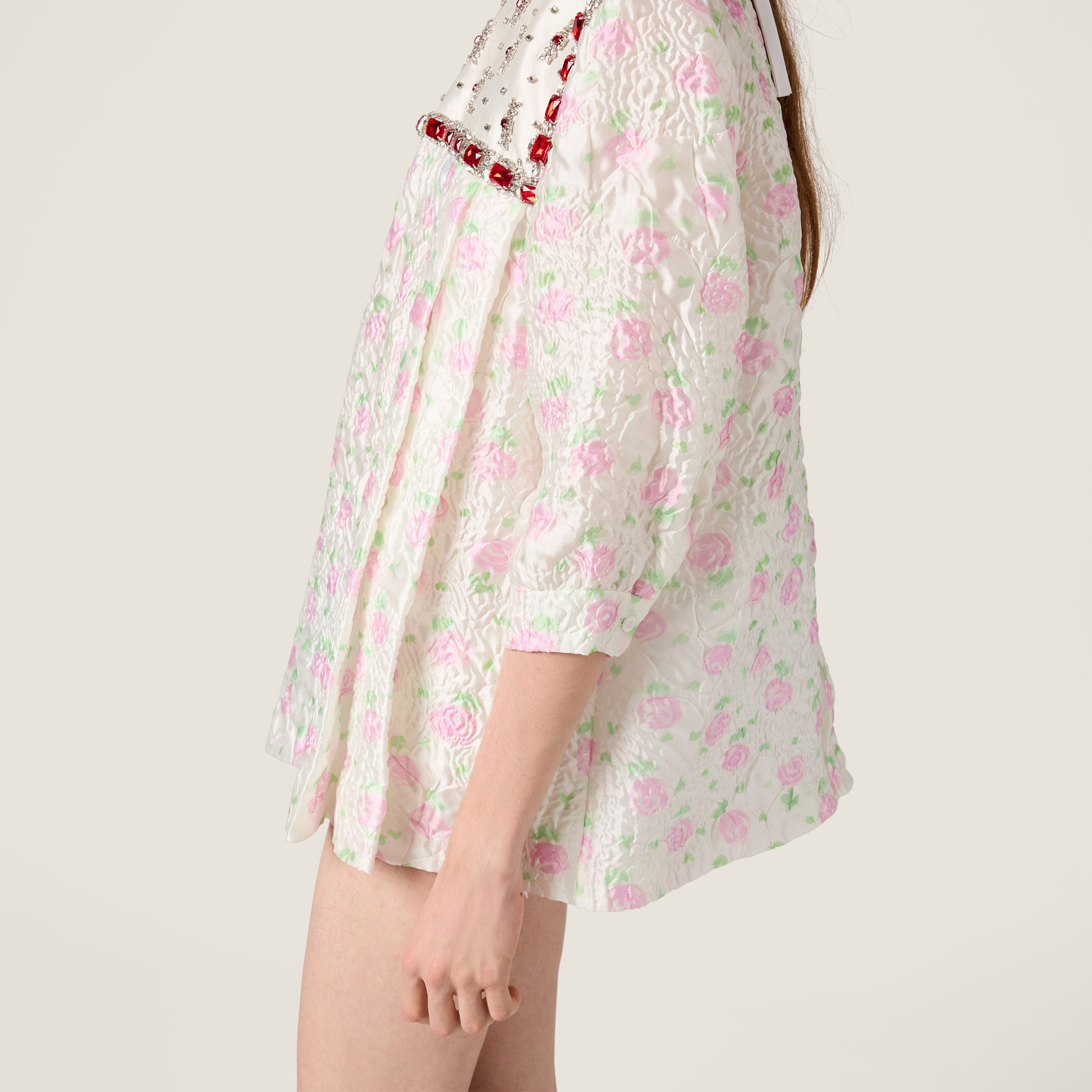 White/ Pink Cloqué Mini-dress With Crystals | Miu Miu - United States