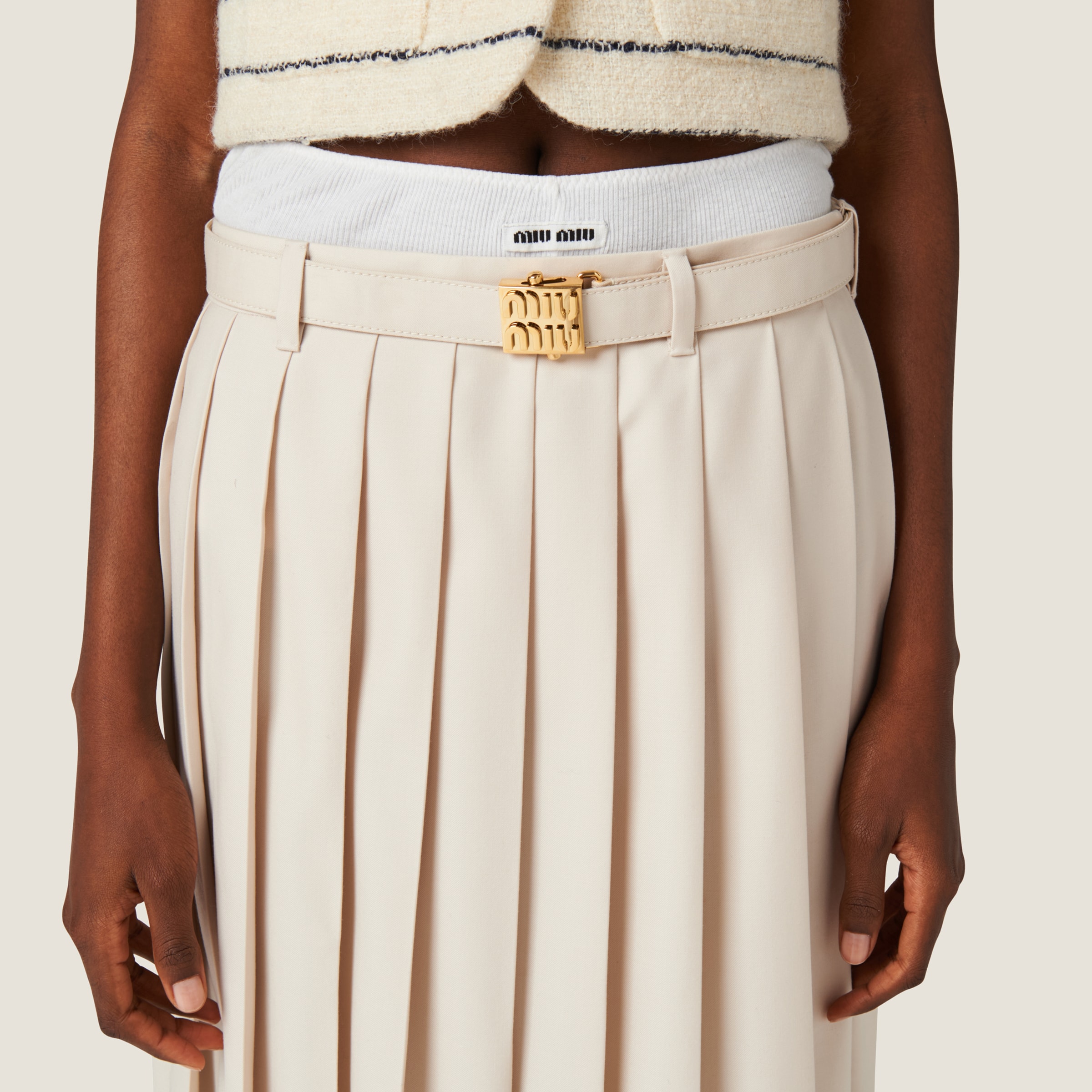 Shop Miumiu Pleated Batavia Skirt In Natural