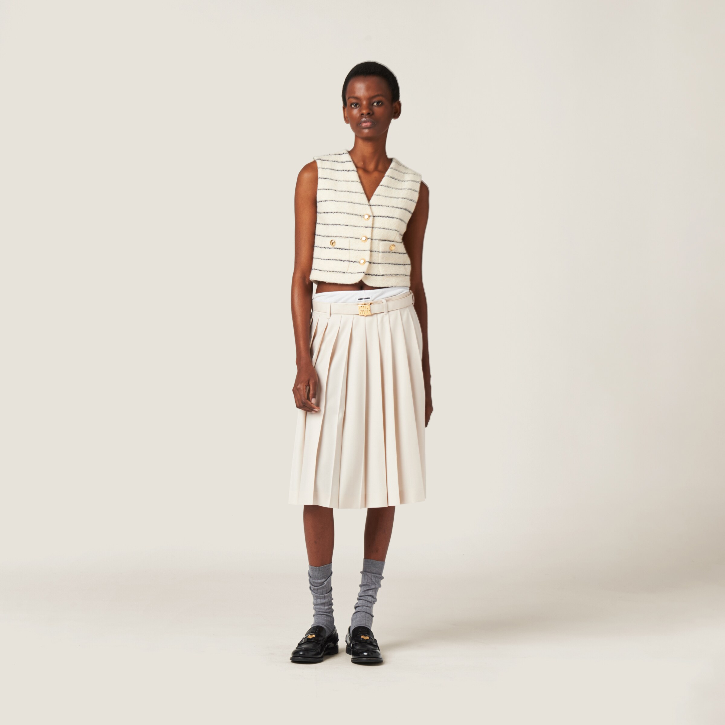 Shop Miumiu Pleated Batavia Skirt In Natural