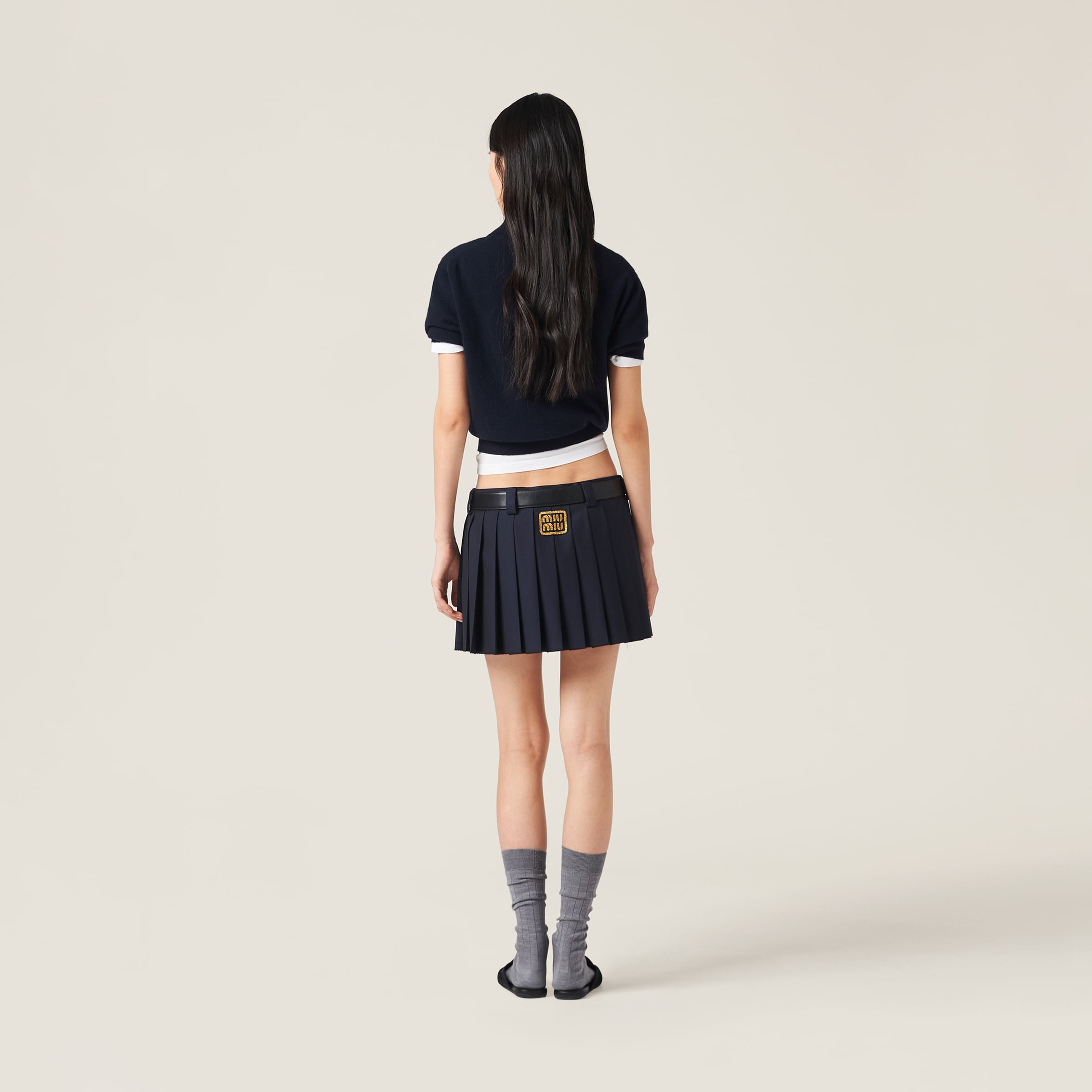 Shop Miumiu Pleated Batavia Miniskirt In Navy