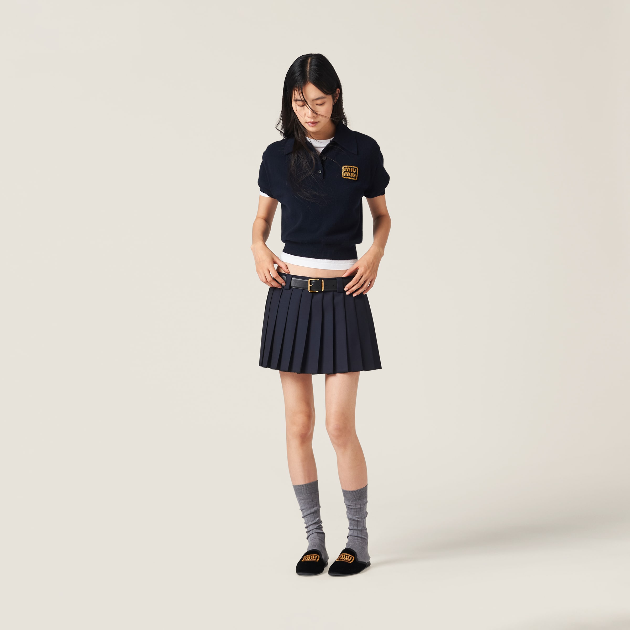 Shop Miumiu Pleated Batavia Miniskirt In Navy