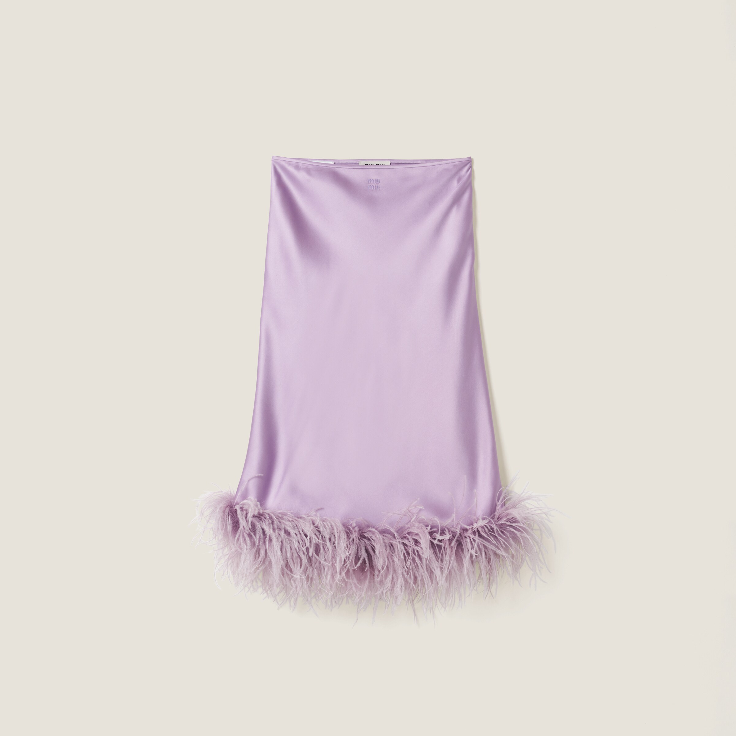 Shop Miu Miu Feather-trimmed Satin Skirt In Lilac