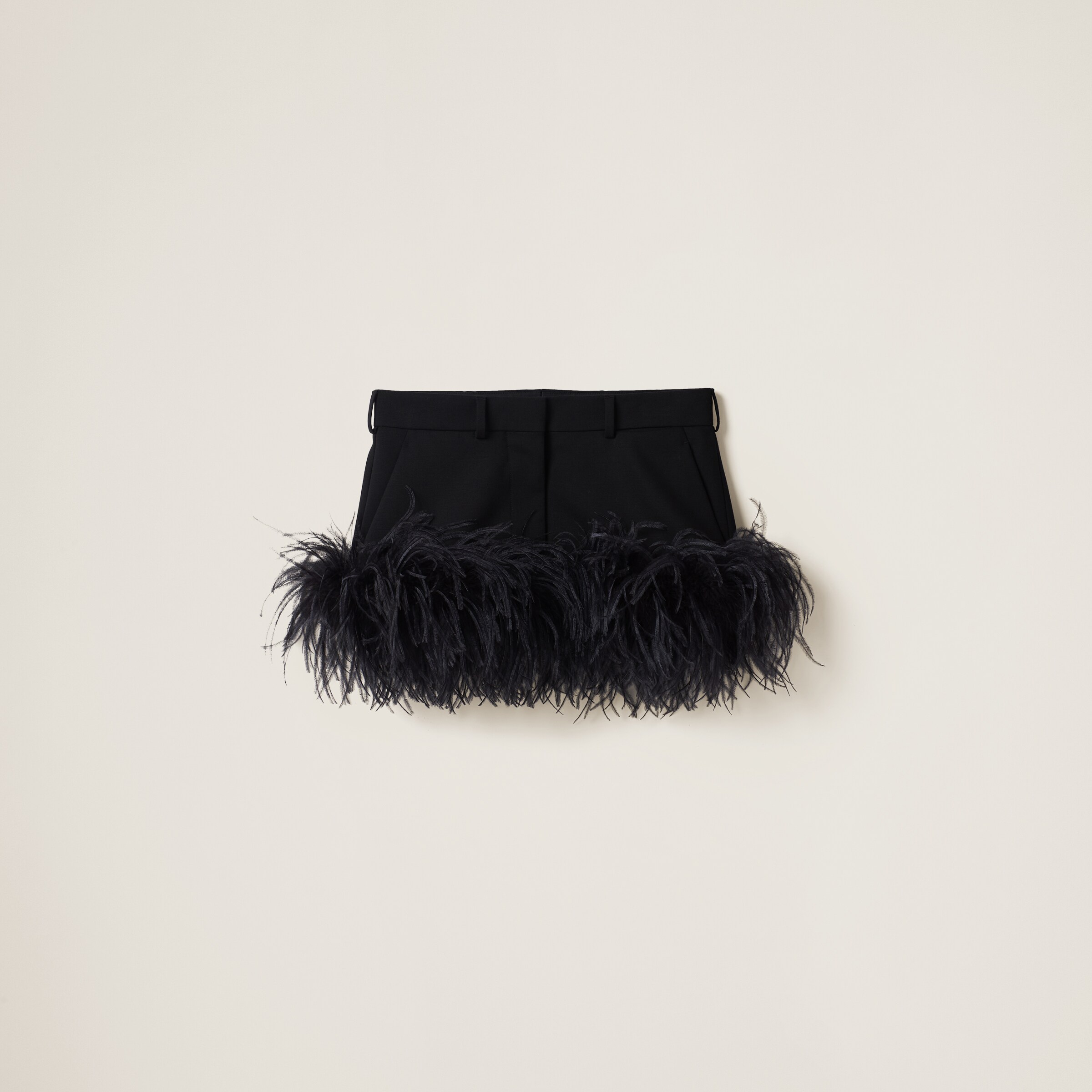 Miu Miu Feather-trimmed Grain De Poudre Miniskirt In Black