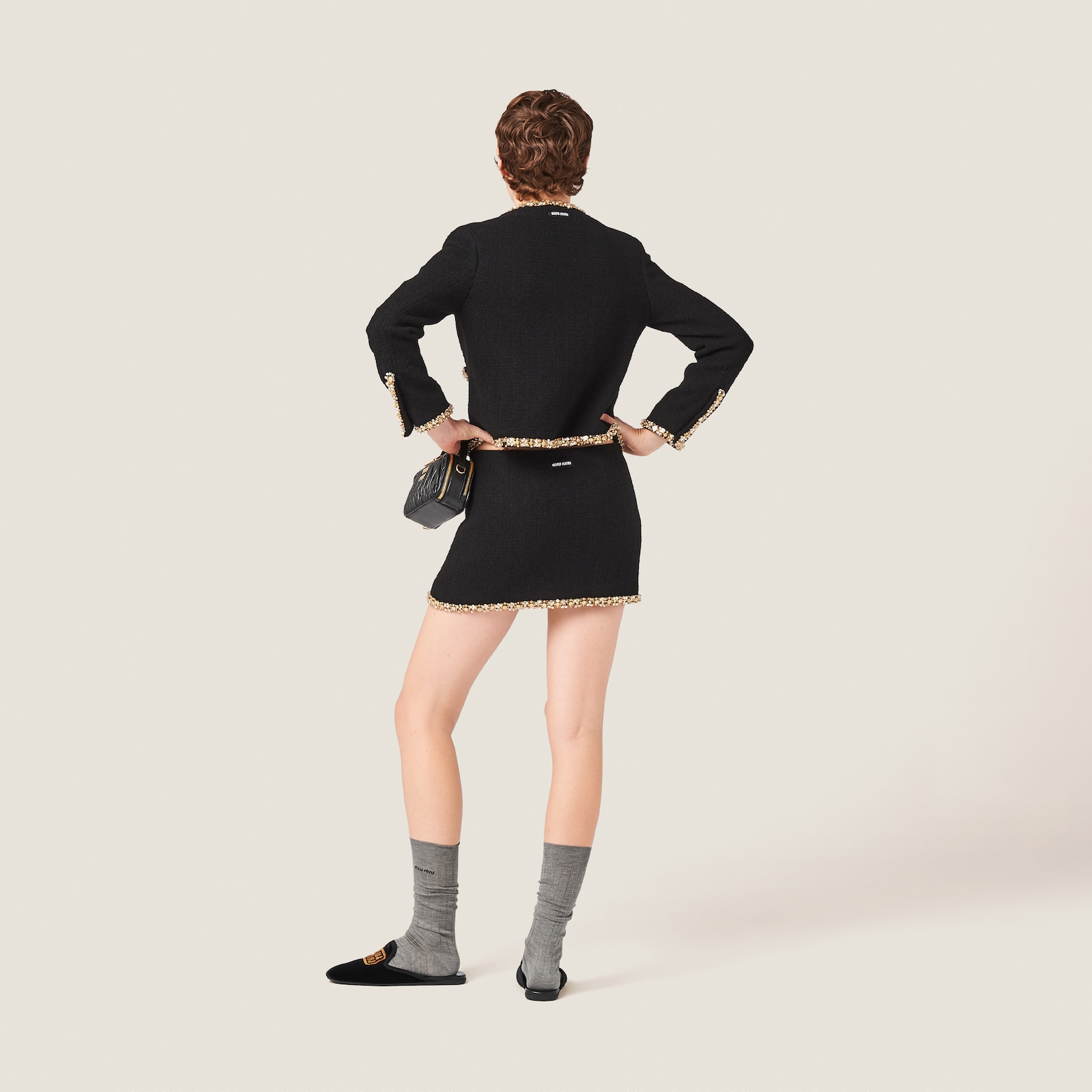 Black Embroidered Tweed Miniskirt | Miu Miu