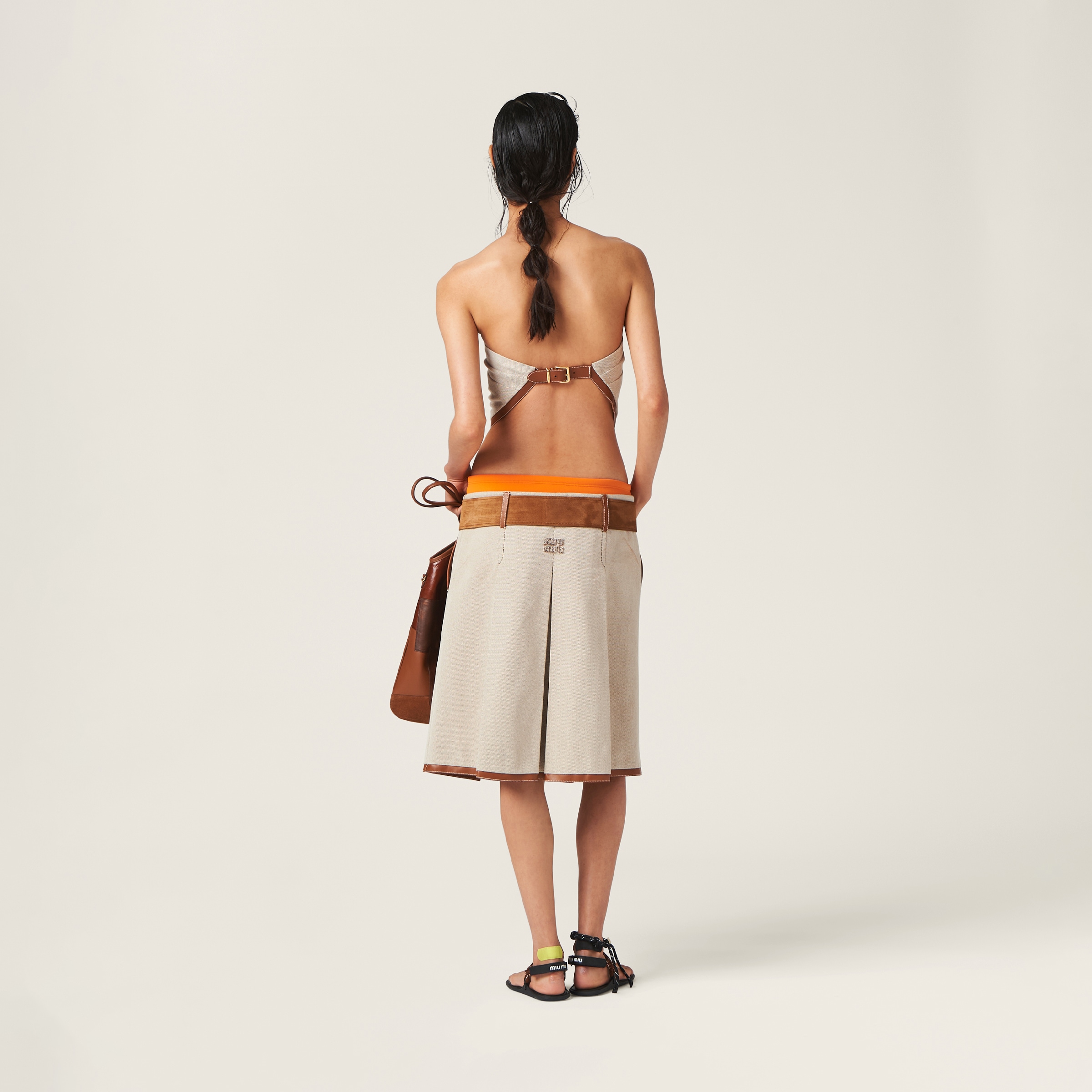 Shop Miumiu Canvas Skirt In Beige/cognac