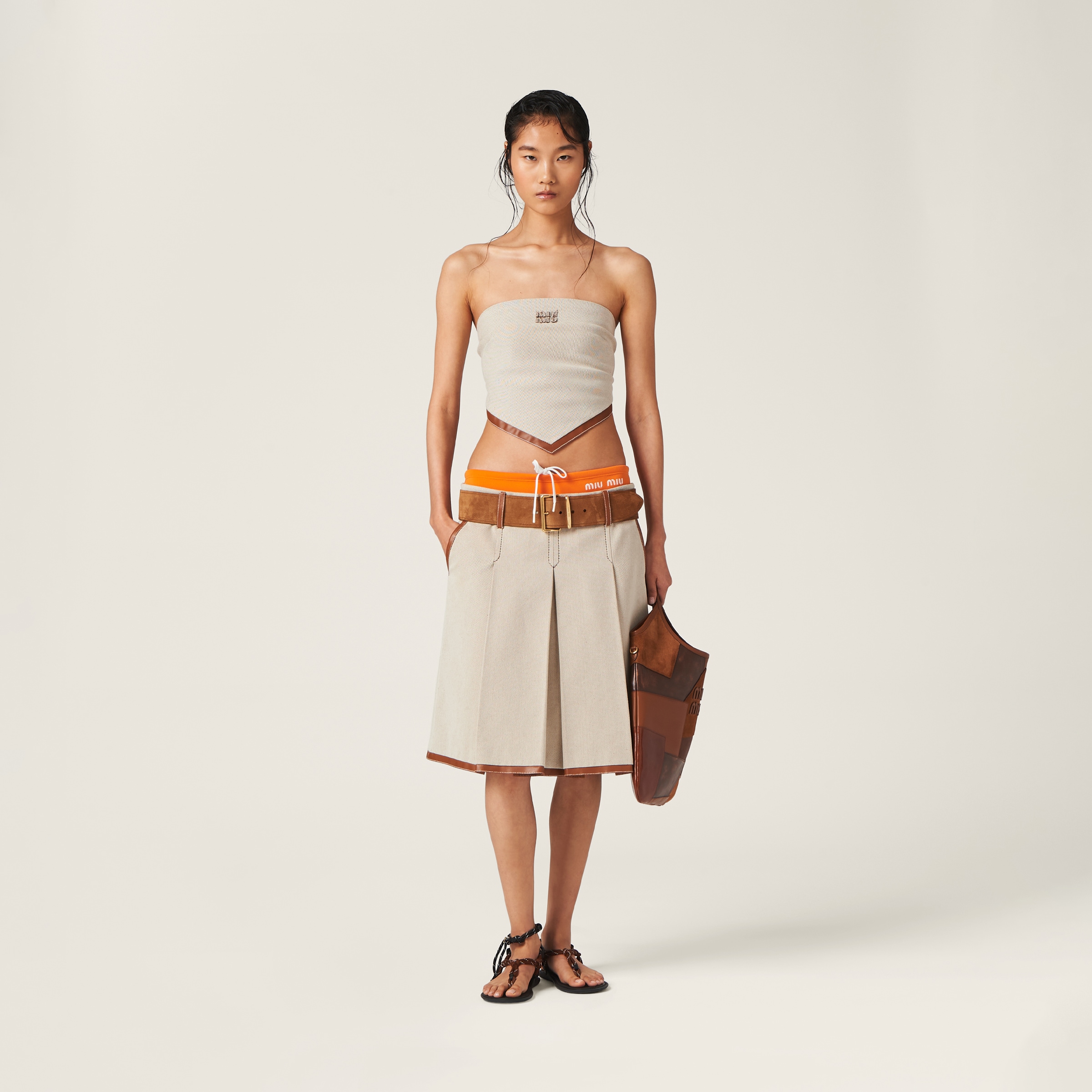 Shop Miumiu Canvas Skirt In Beige/cognac