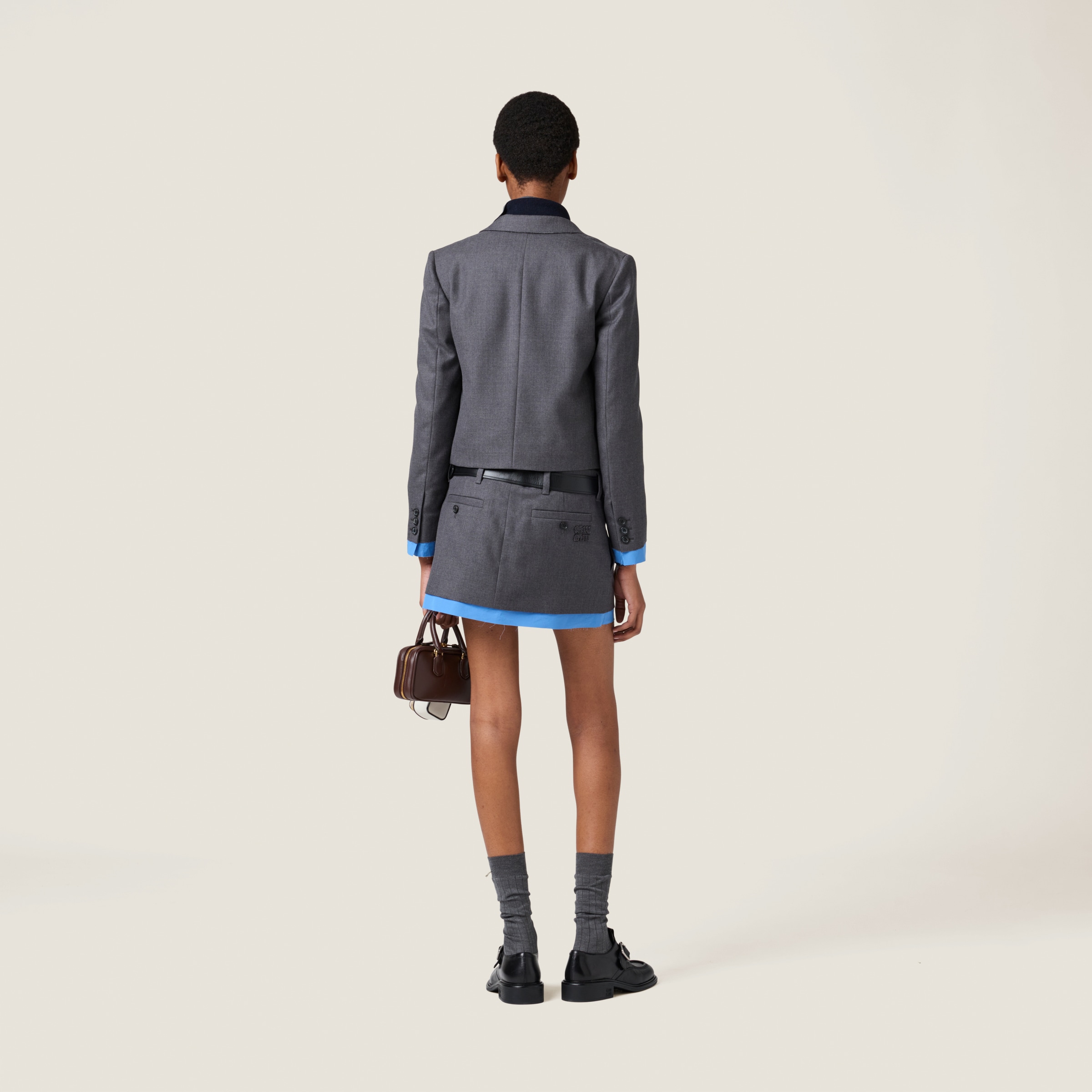 Miu Miu Low-rise Poplin Layered Wool Mini Skirt In Anthracite Gray