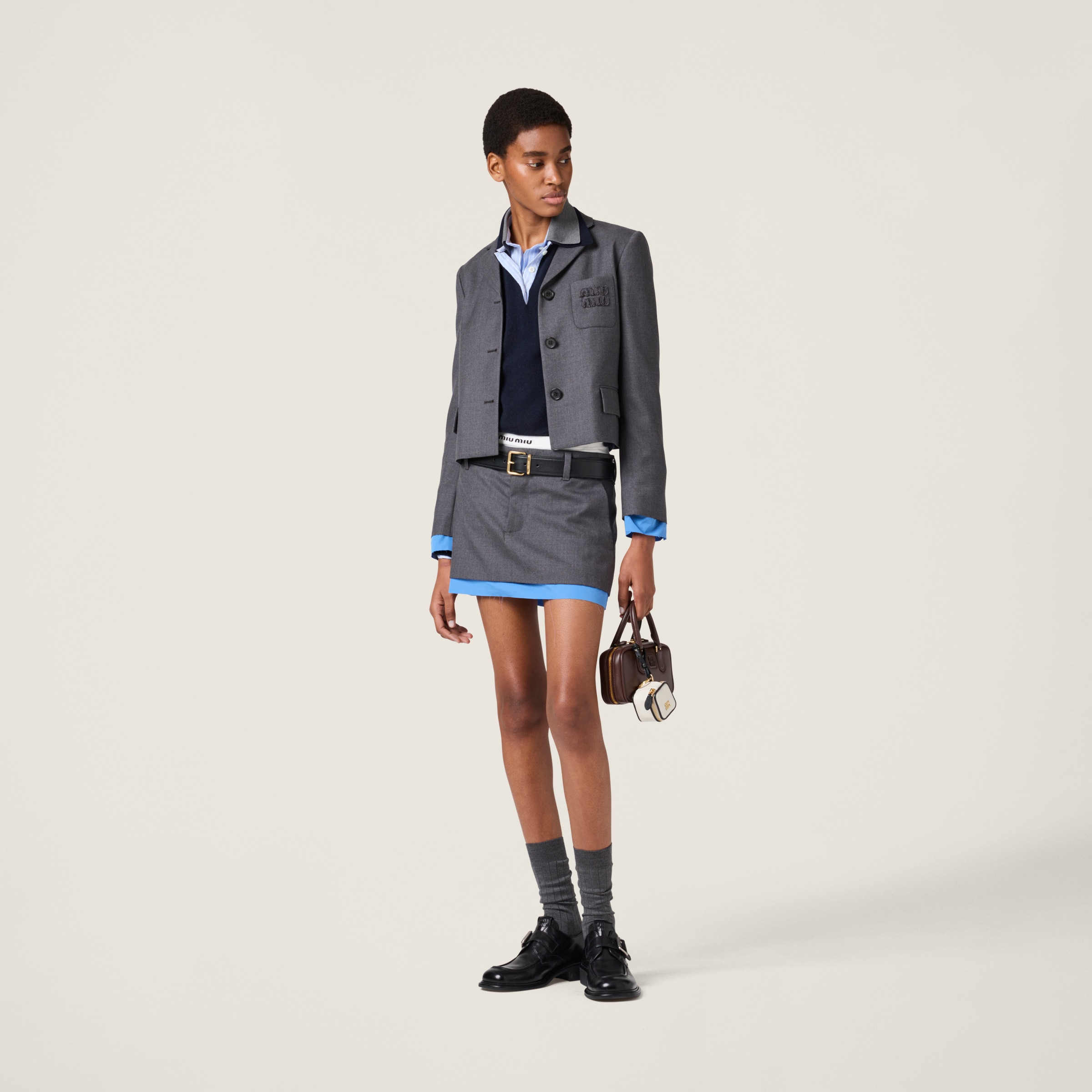 Miu Miu Low-rise Poplin Layered Wool Mini Skirt In Anthracite Gray