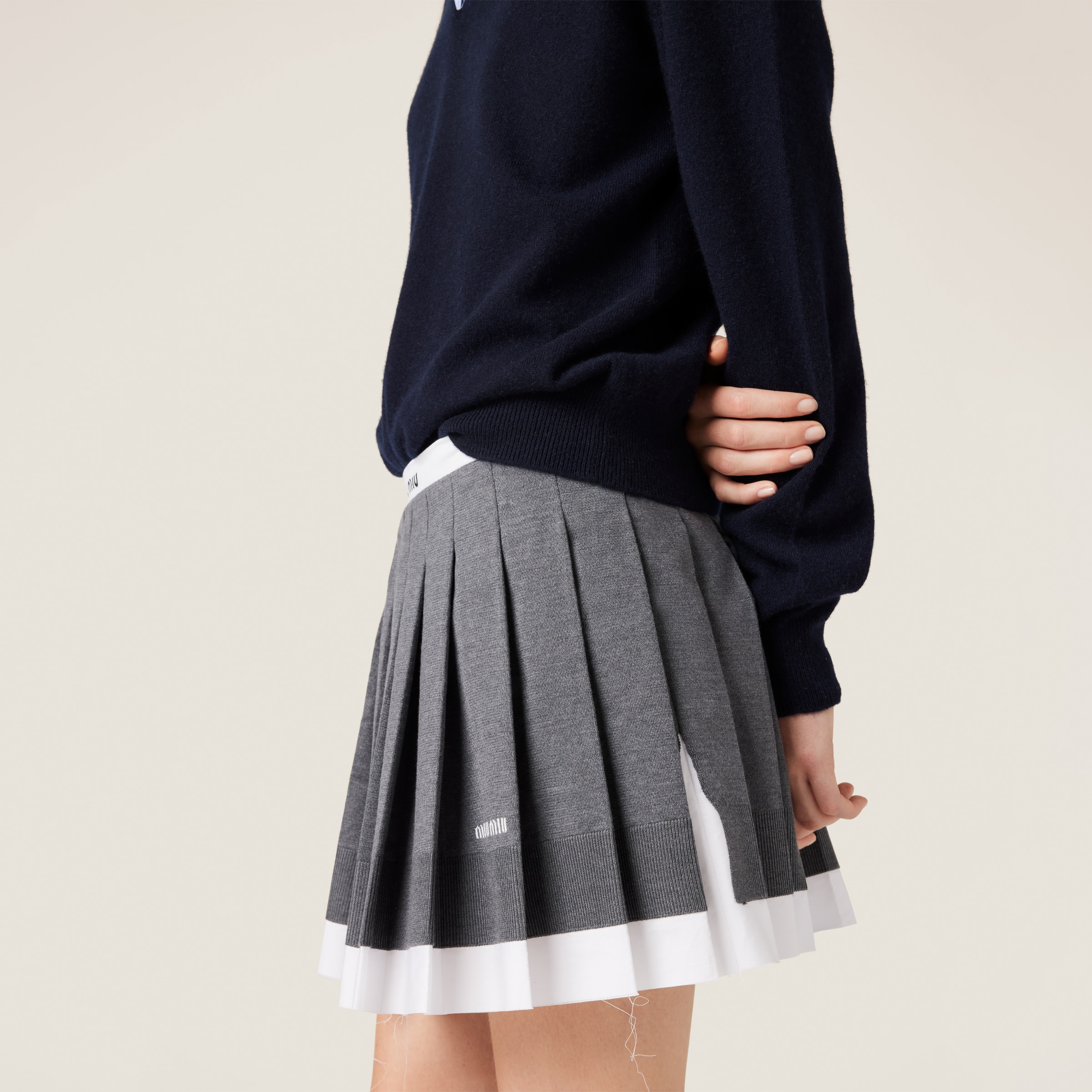 MIU MIU KNIT AND POPLIN PLEATED MINISKIRT
