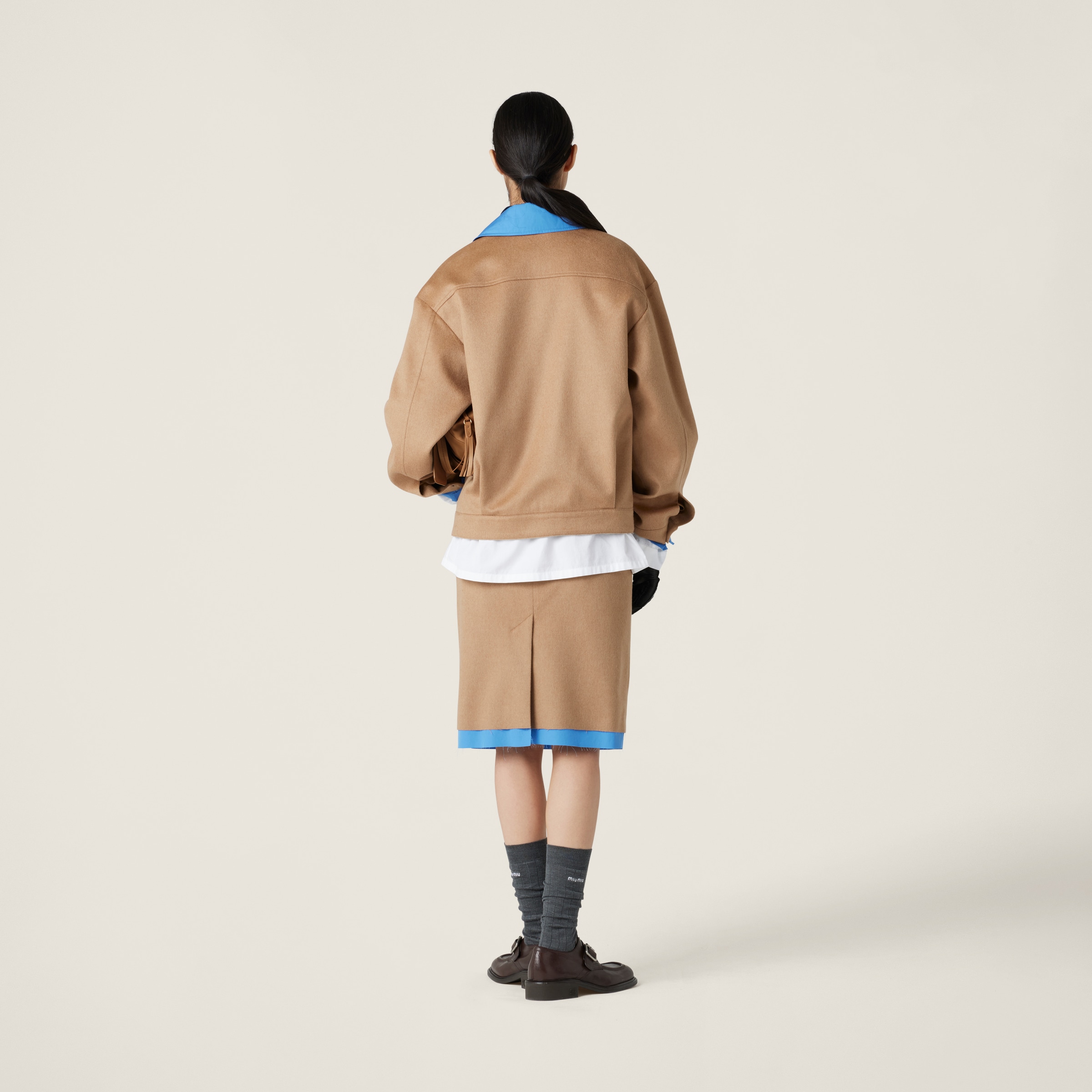 Miu Miu Camel Skirt With Back Slit And Contrasting Hem In Camel Brown