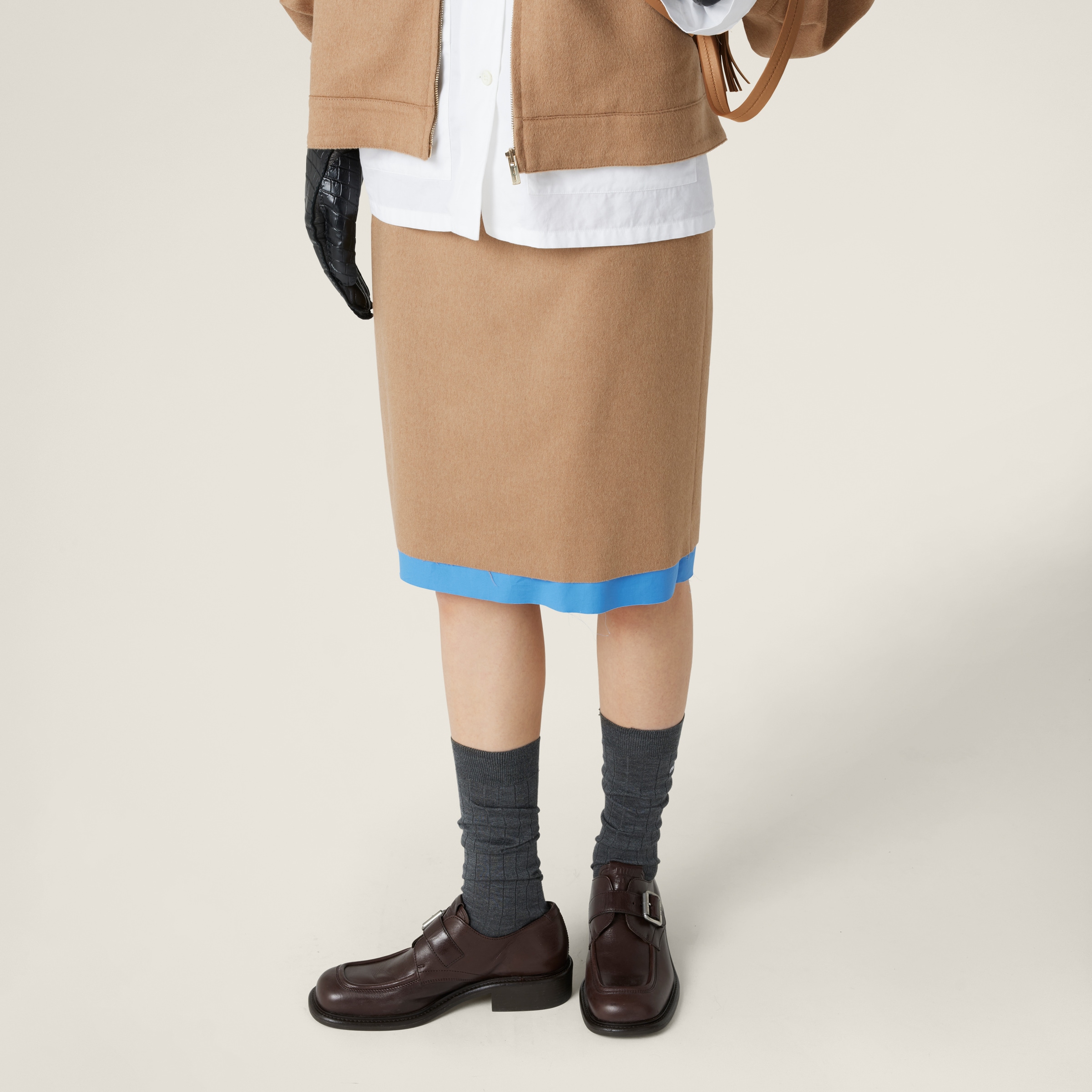 Miu Miu Camel Skirt With Back Slit And Contrasting Hem In Camel Brown