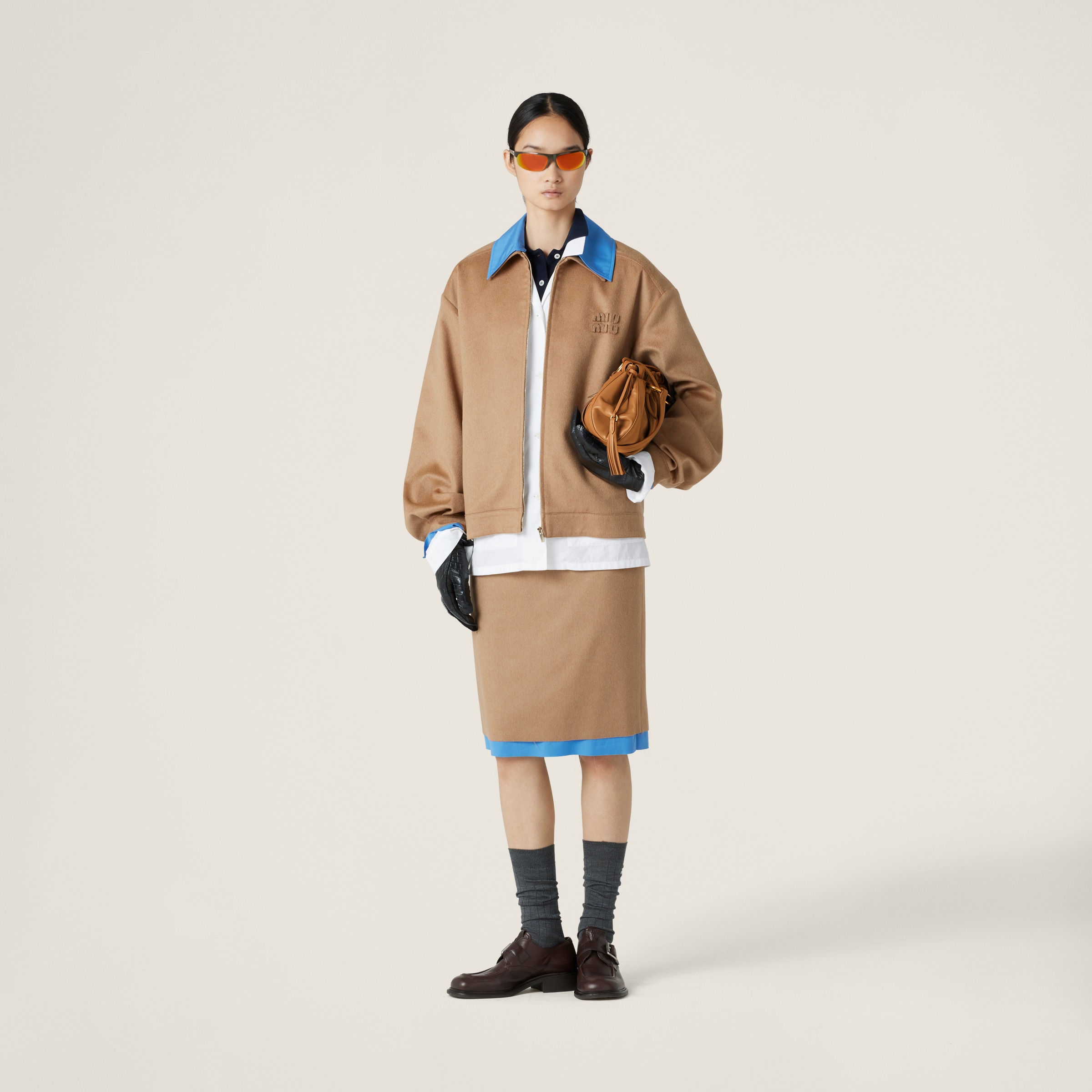 Miu Miu Camel Skirt With Back Slit And Contrasting Hem In Camel Brown