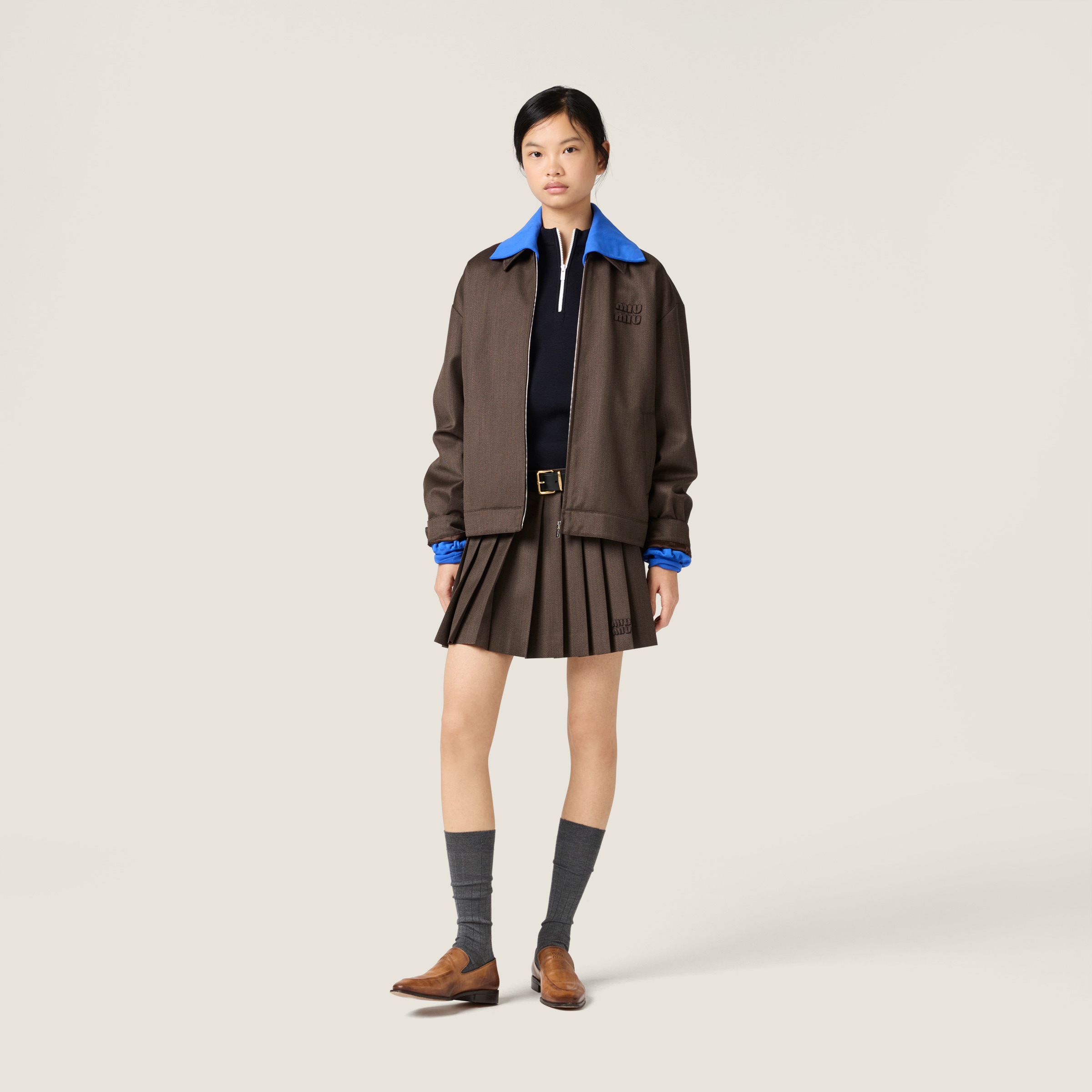 ココアブラウン プリーツカバーファブリック ミニスカート | Miu Miu