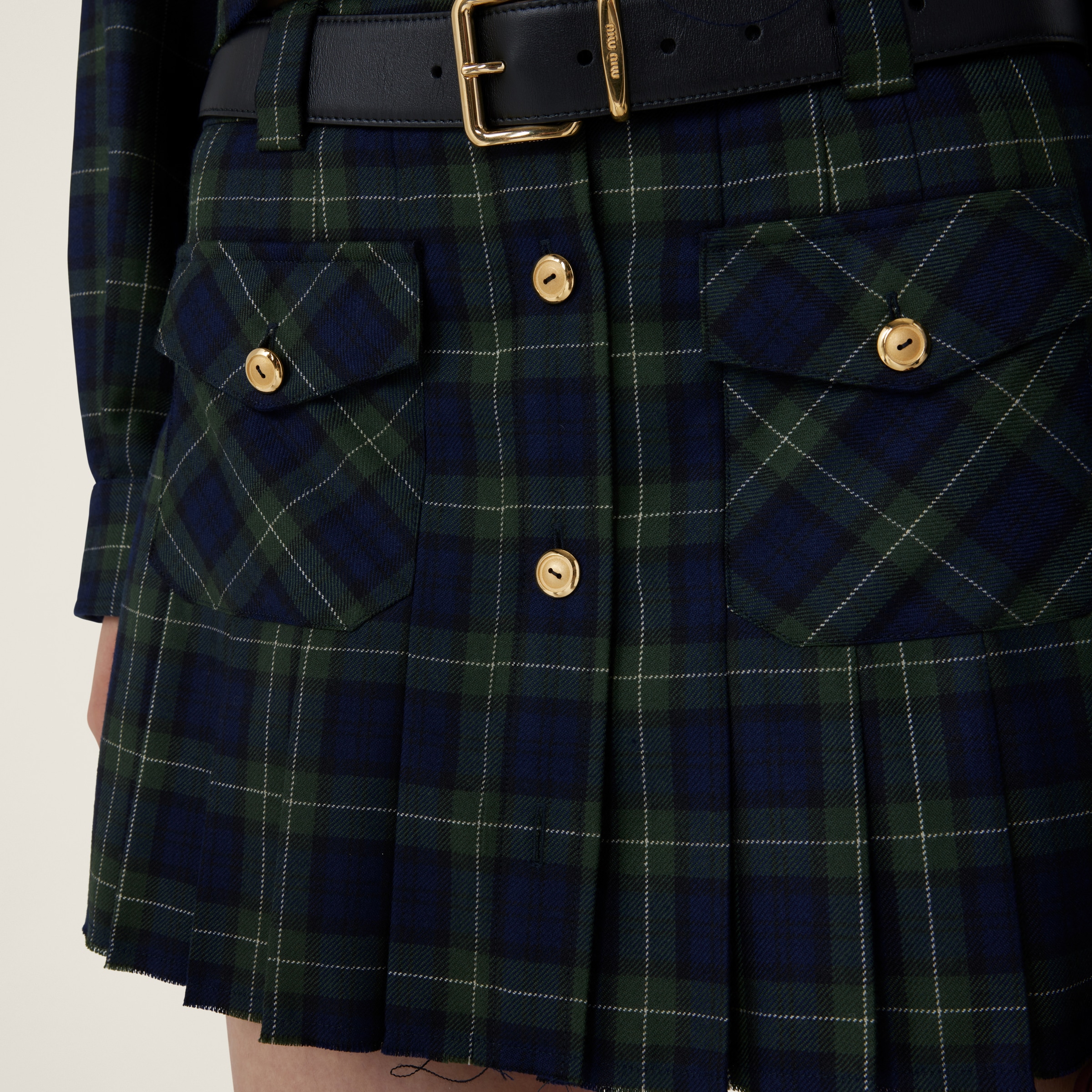 Military Green Pleated Tartan Miniskirt | Miu Miu